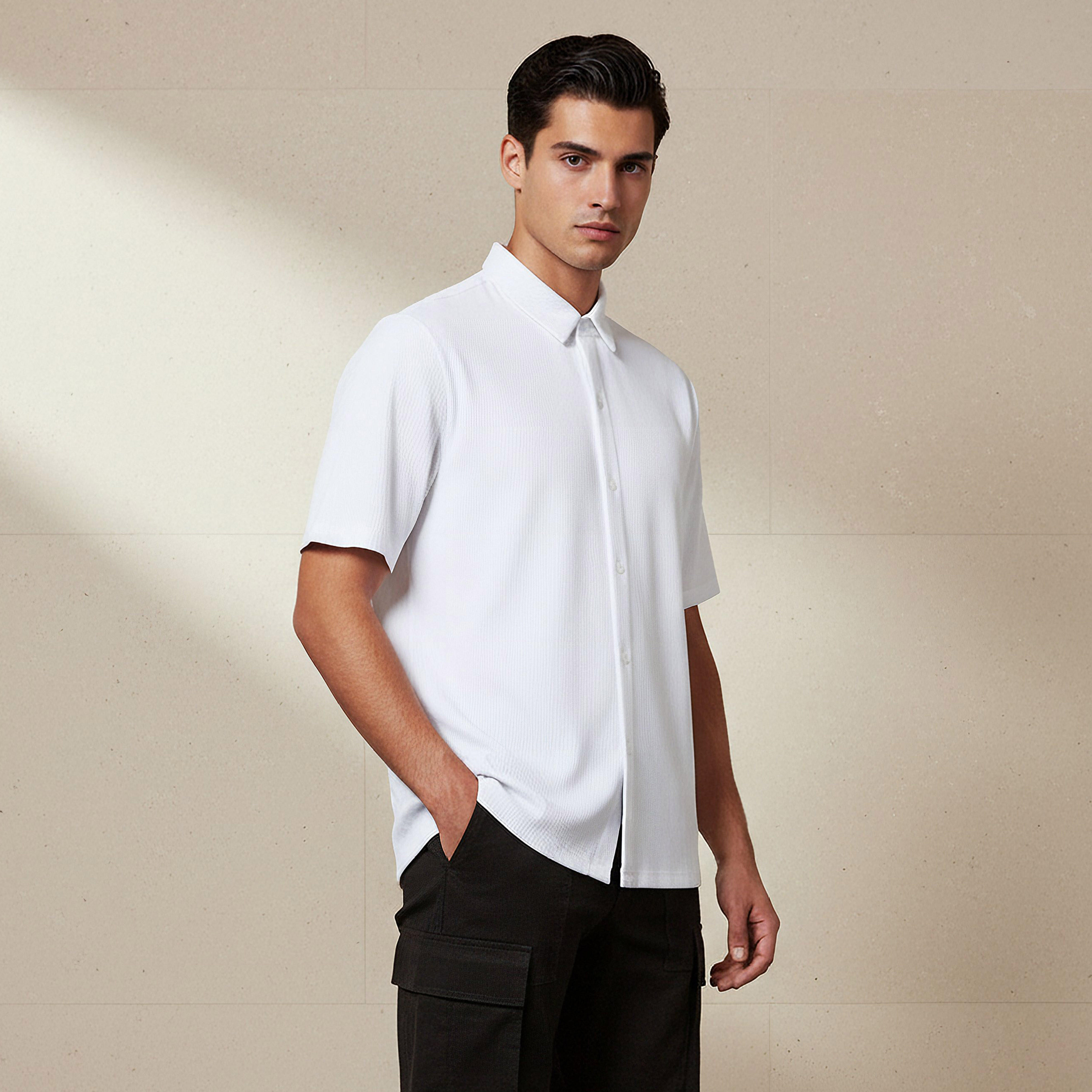 Men Collared Textured Short Sleeve Shirt-men-clothing-shirts-image-1