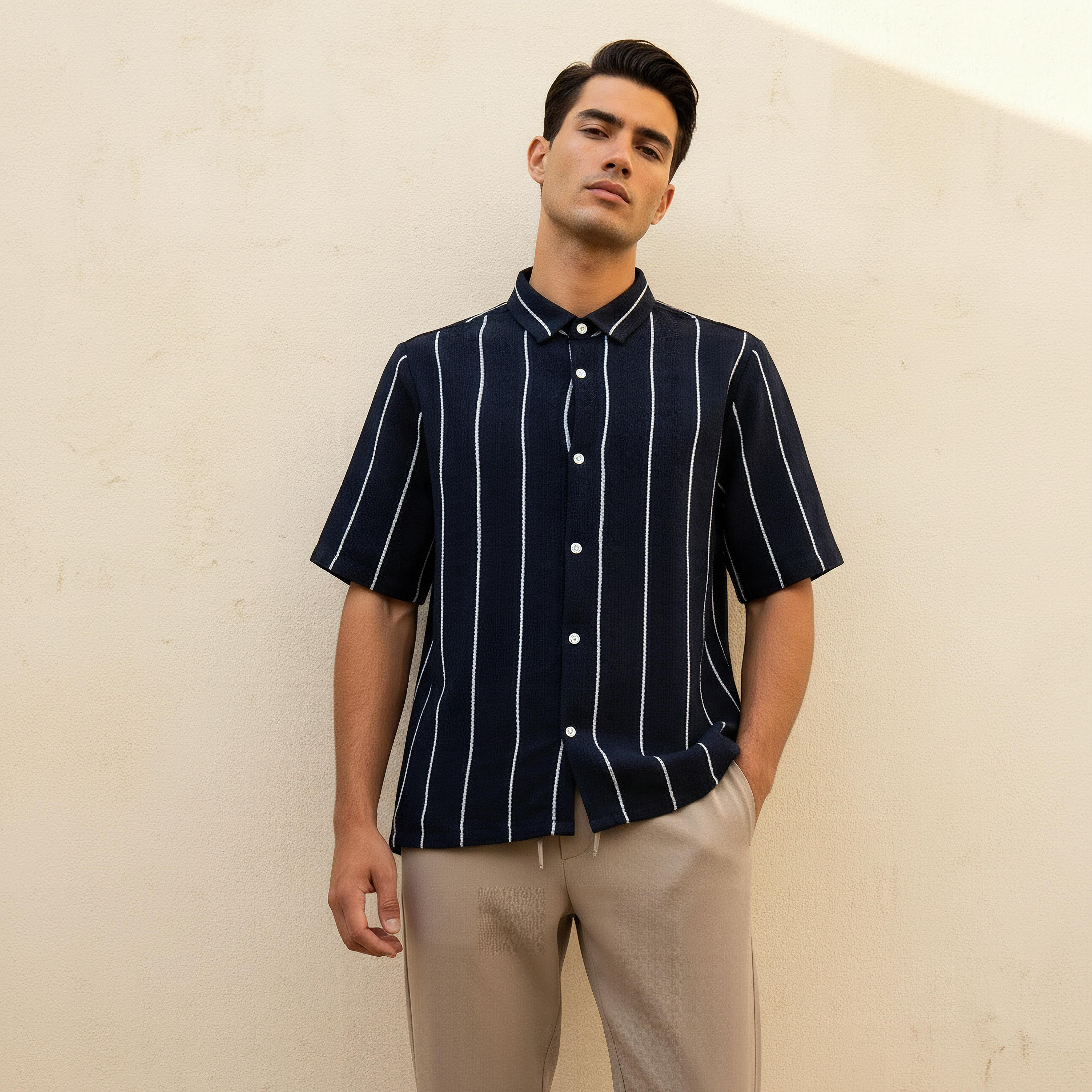 Men Regular Fit Collared Striped Short Sleeves Linen Blend Shirt-men-clothing-shirts-image-1