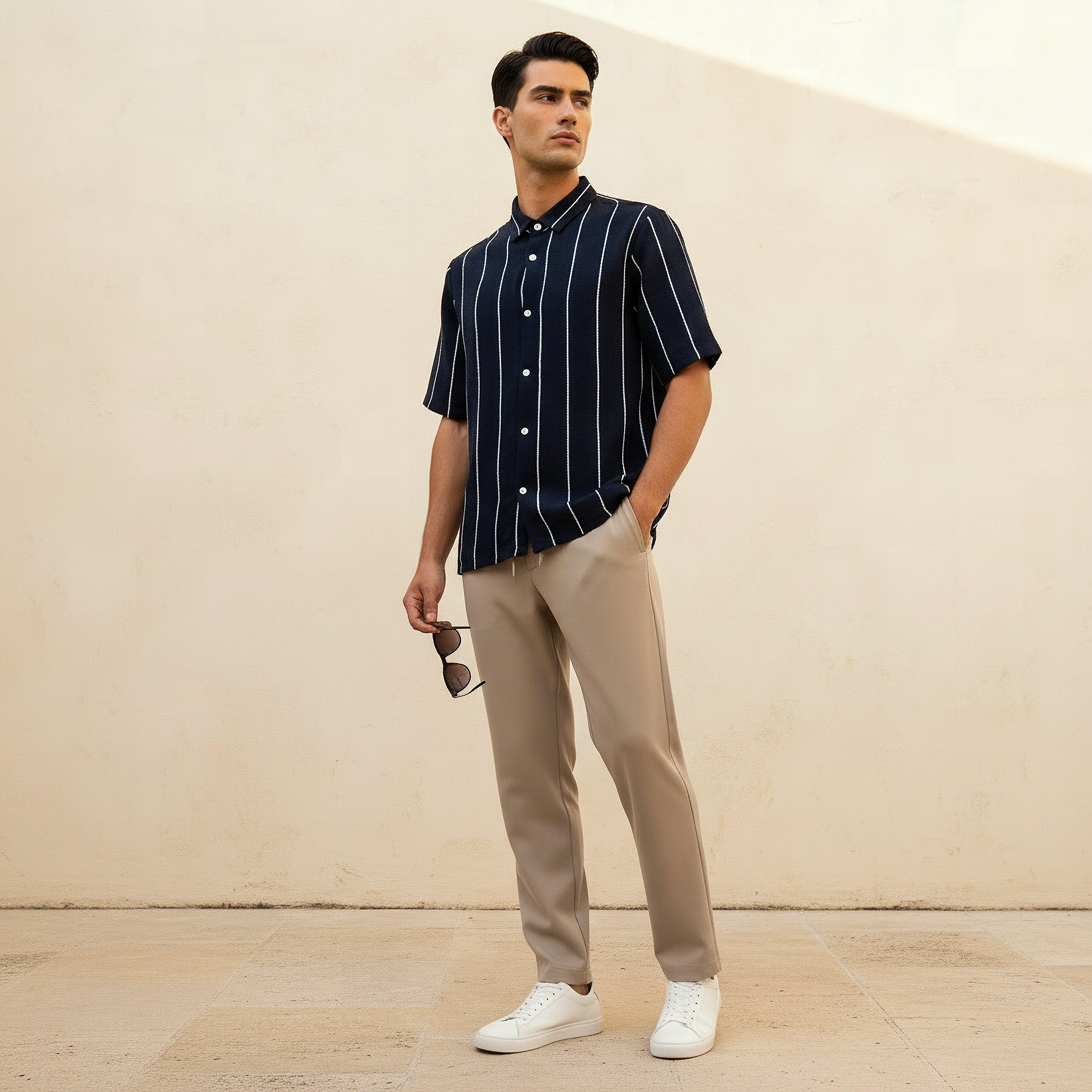 Men Regular Fit Collared Striped Short Sleeves Linen Blend Shirt-men-clothing-shirts-image-3