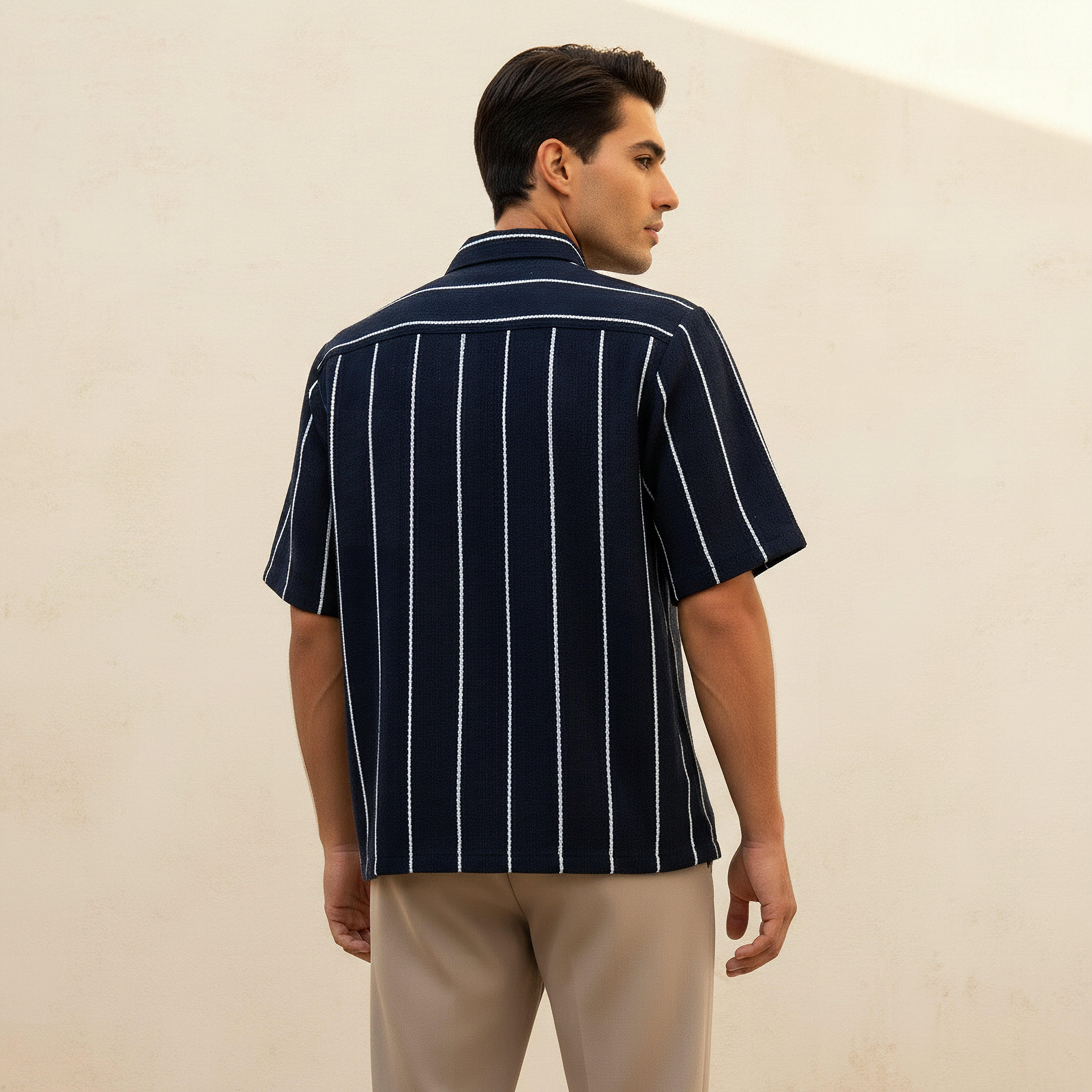 Men Regular Fit Collared Striped Short Sleeves Linen Blend Shirt-men-clothing-shirts-image-4
