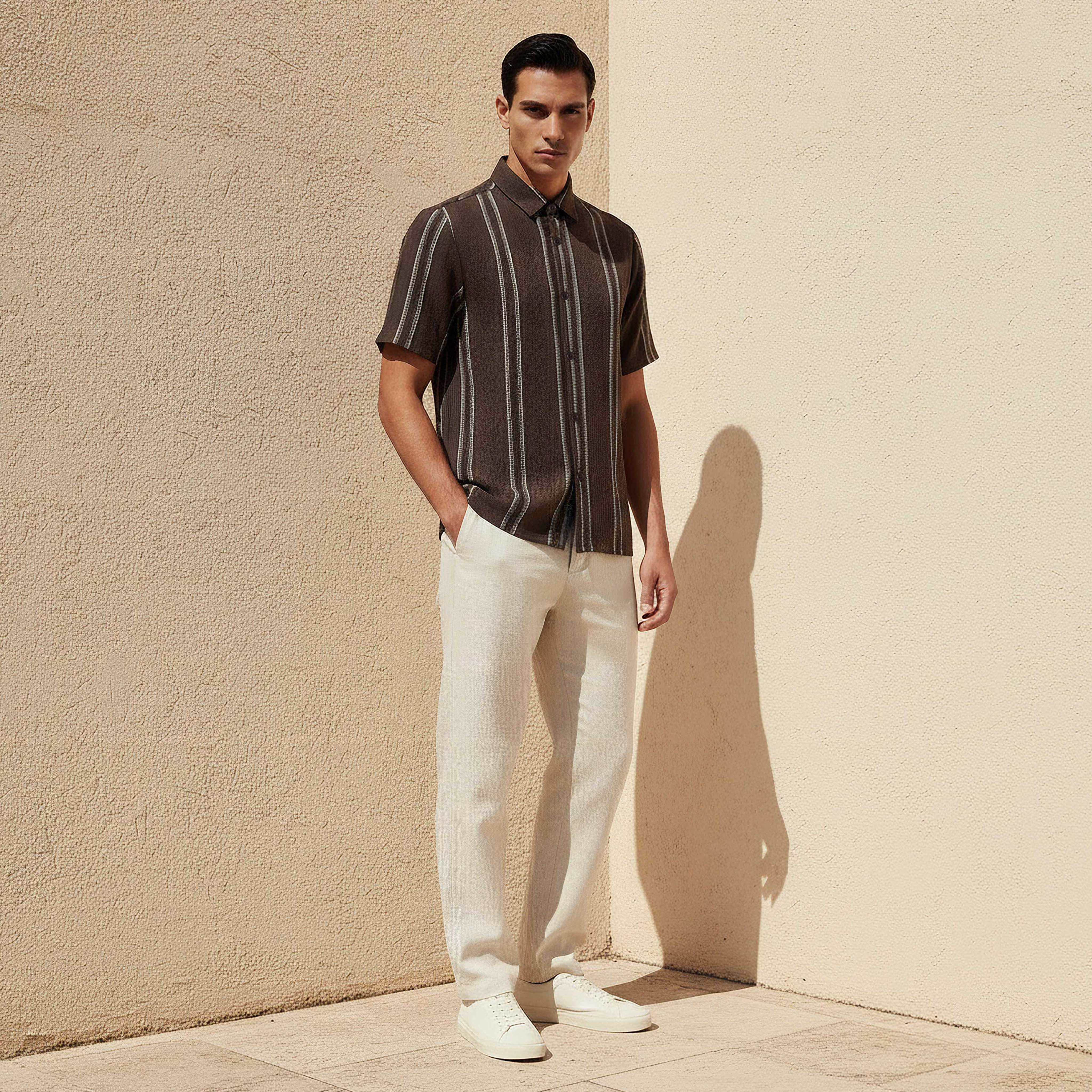 قميص مخطط من مزيج الكتان بقصة عادية وياقة وأكمام قصيرة للرجال-men-clothing-shirts-image-2