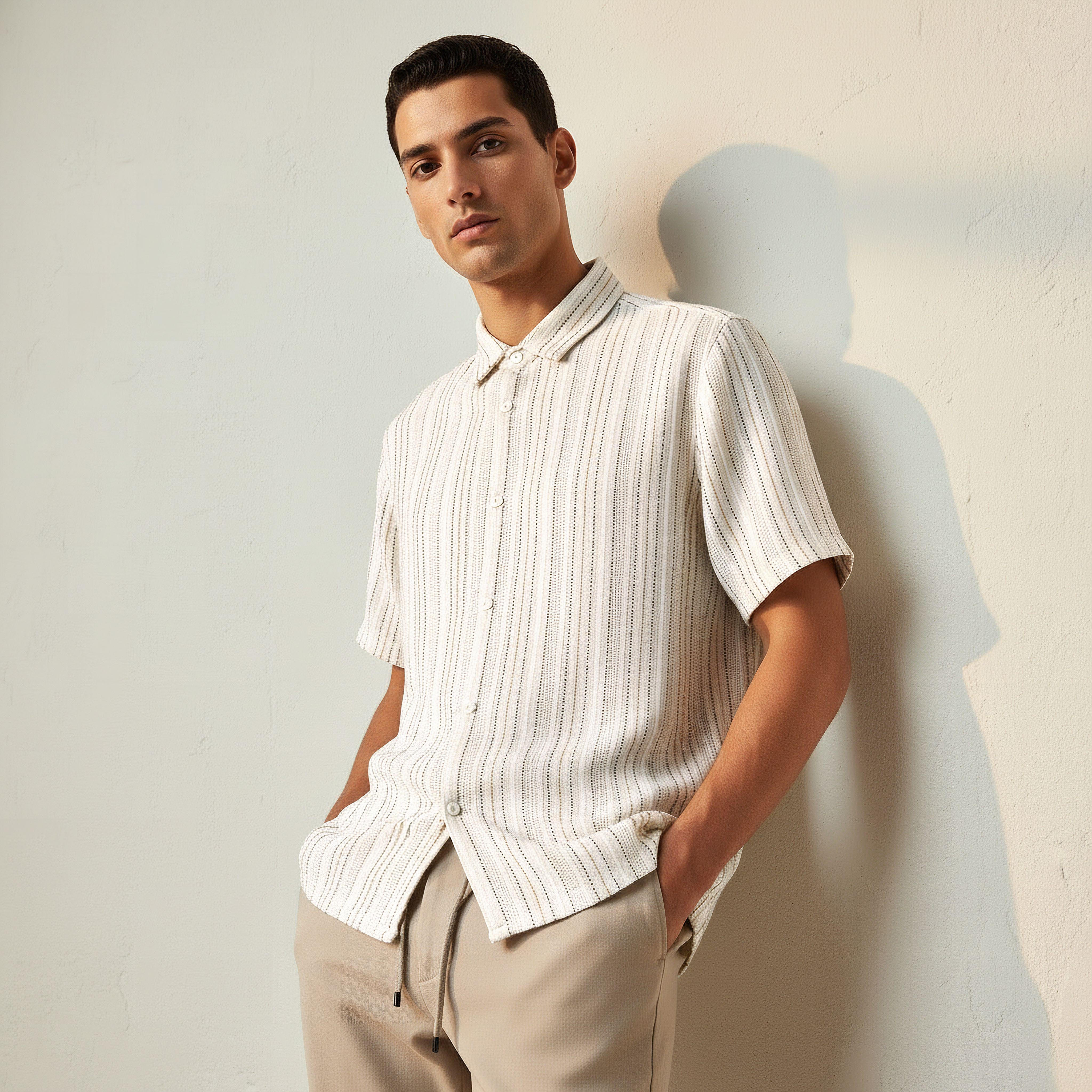 Men Regular Fit Collared Striped Short Sleeves Linen Blend Shirt-men-clothing-shirts-image-1