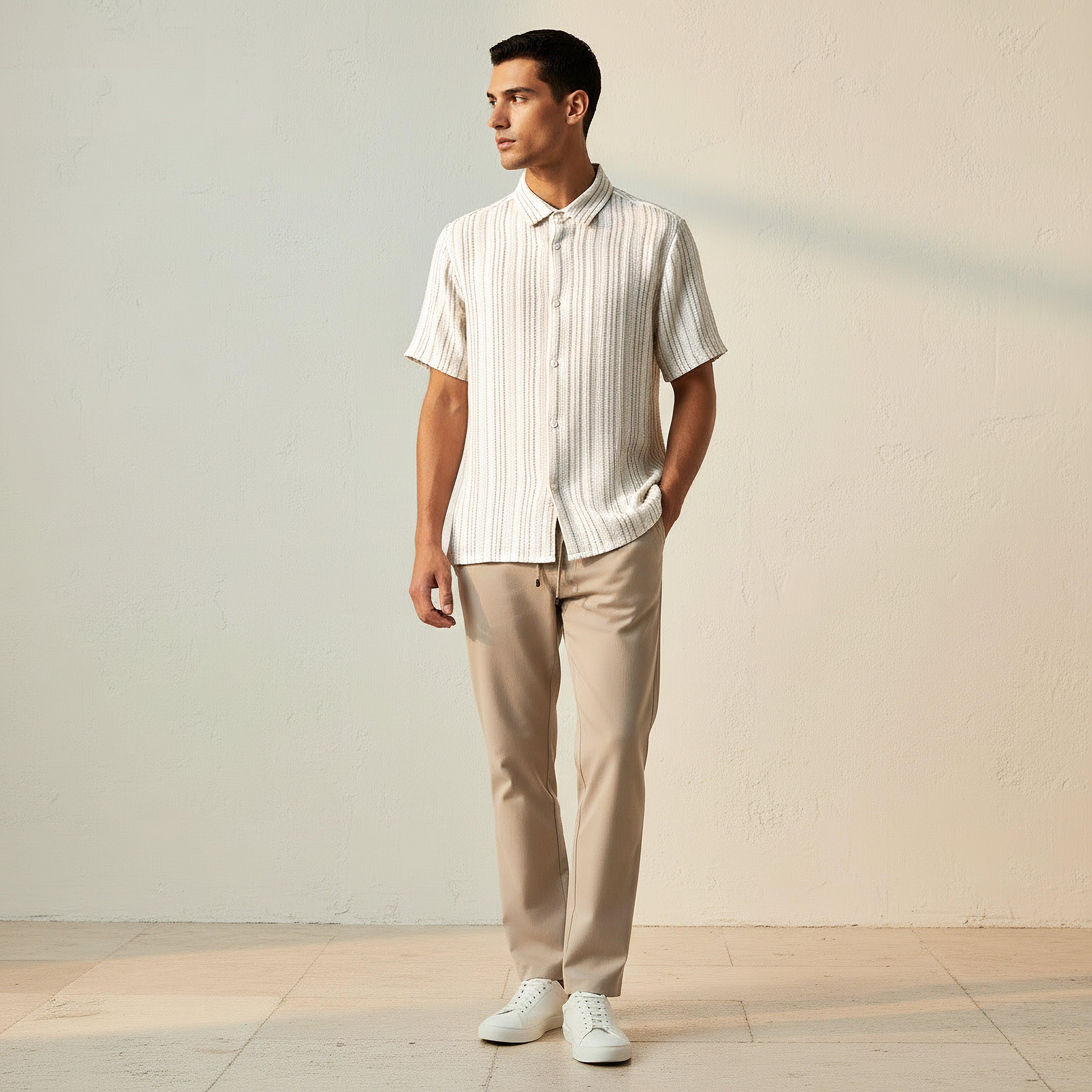 Men Regular Fit Collared Striped Short Sleeves Linen Blend Shirt-men-clothing-shirts-image-3