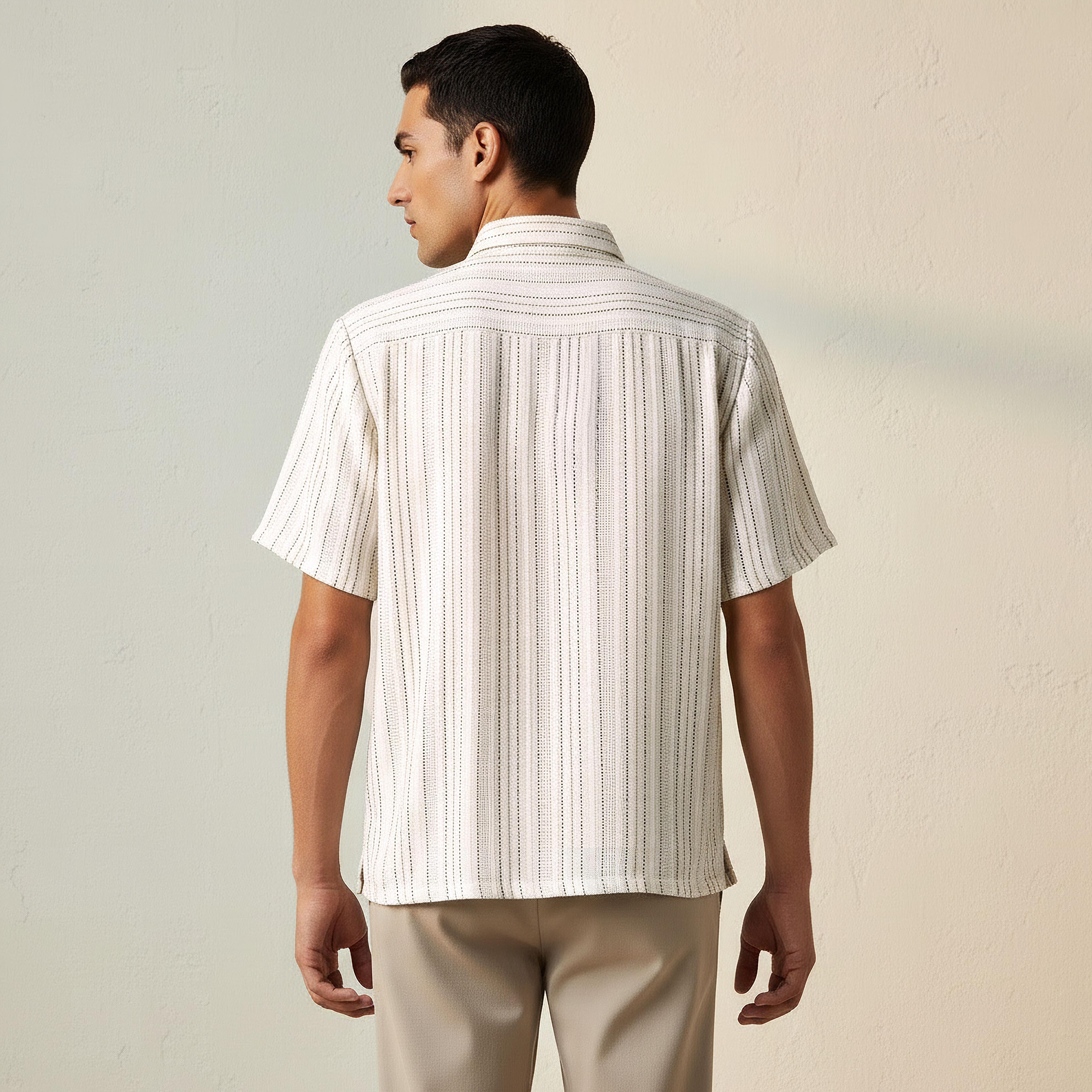 Men Regular Fit Collared Striped Short Sleeves Linen Blend Shirt-men-clothing-shirts-image-4