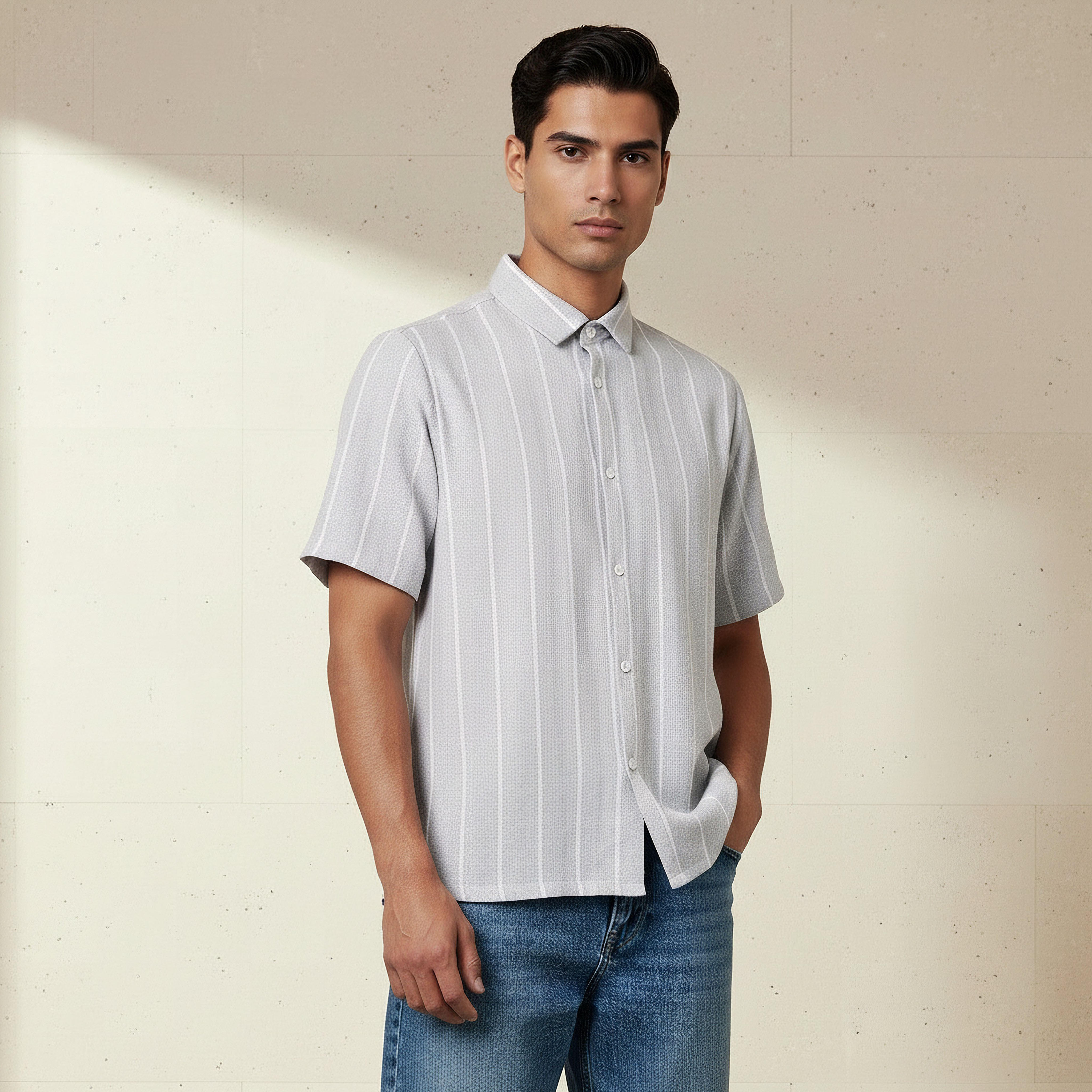 Men Regular Fit Collared Striped Short Sleeves Linen Blend Shirt-men-clothing-shirts-image-1