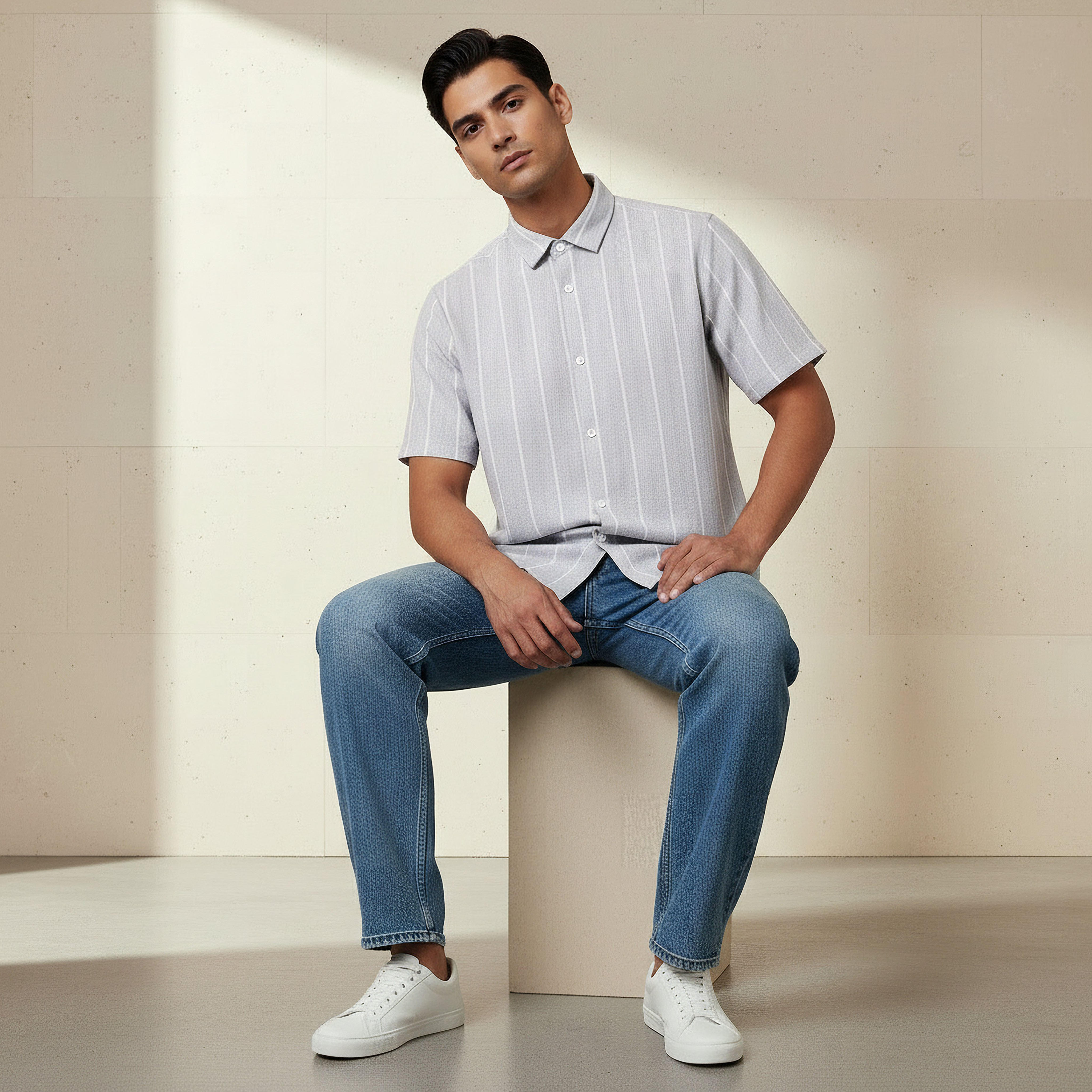 Men Regular Fit Collared Striped Short Sleeves Linen Blend Shirt-men-clothing-shirts-image-5