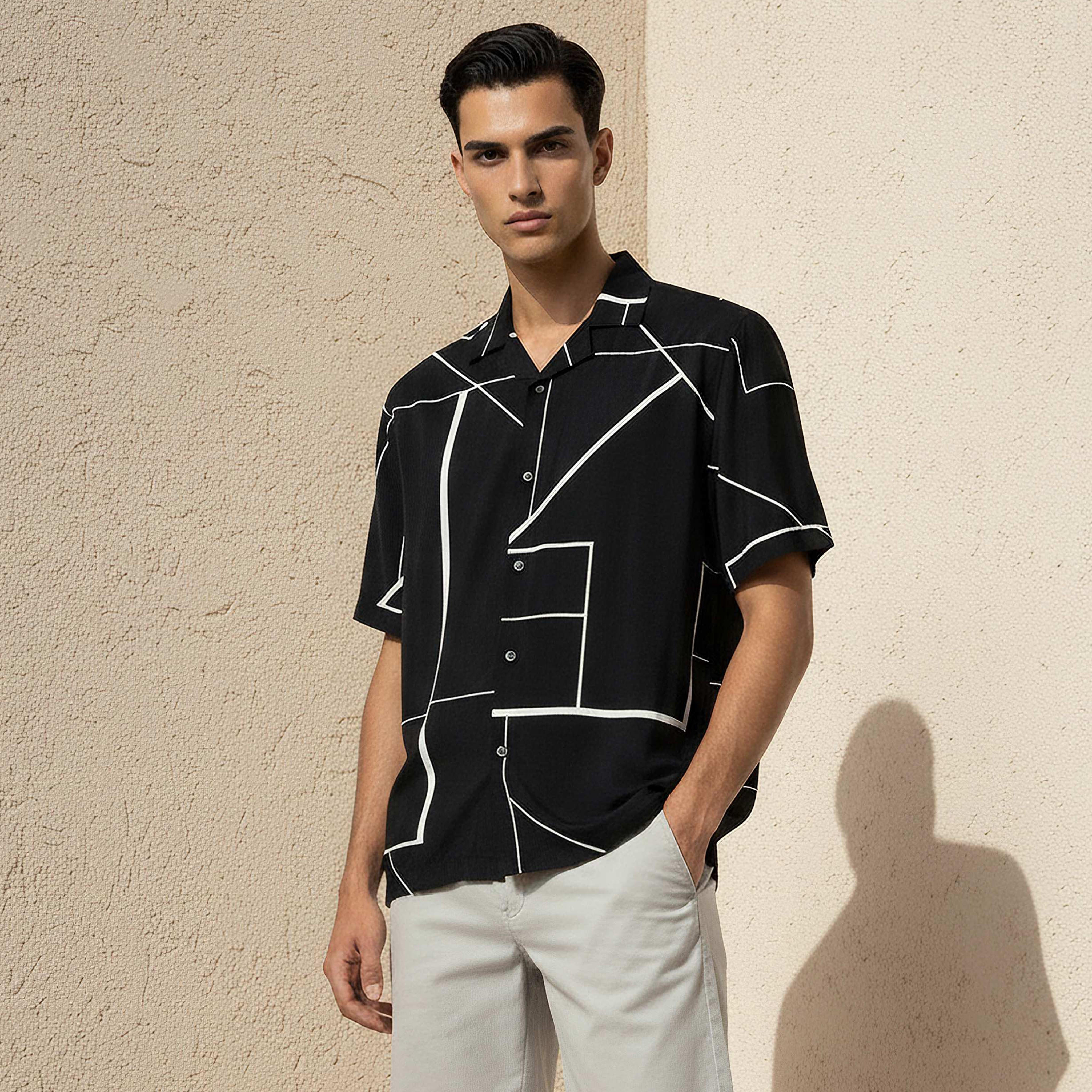 Men Regular Fit Camp Collar Abstract Print Short Sleeves Resort Shirt-men-clothing-shirts-image-1