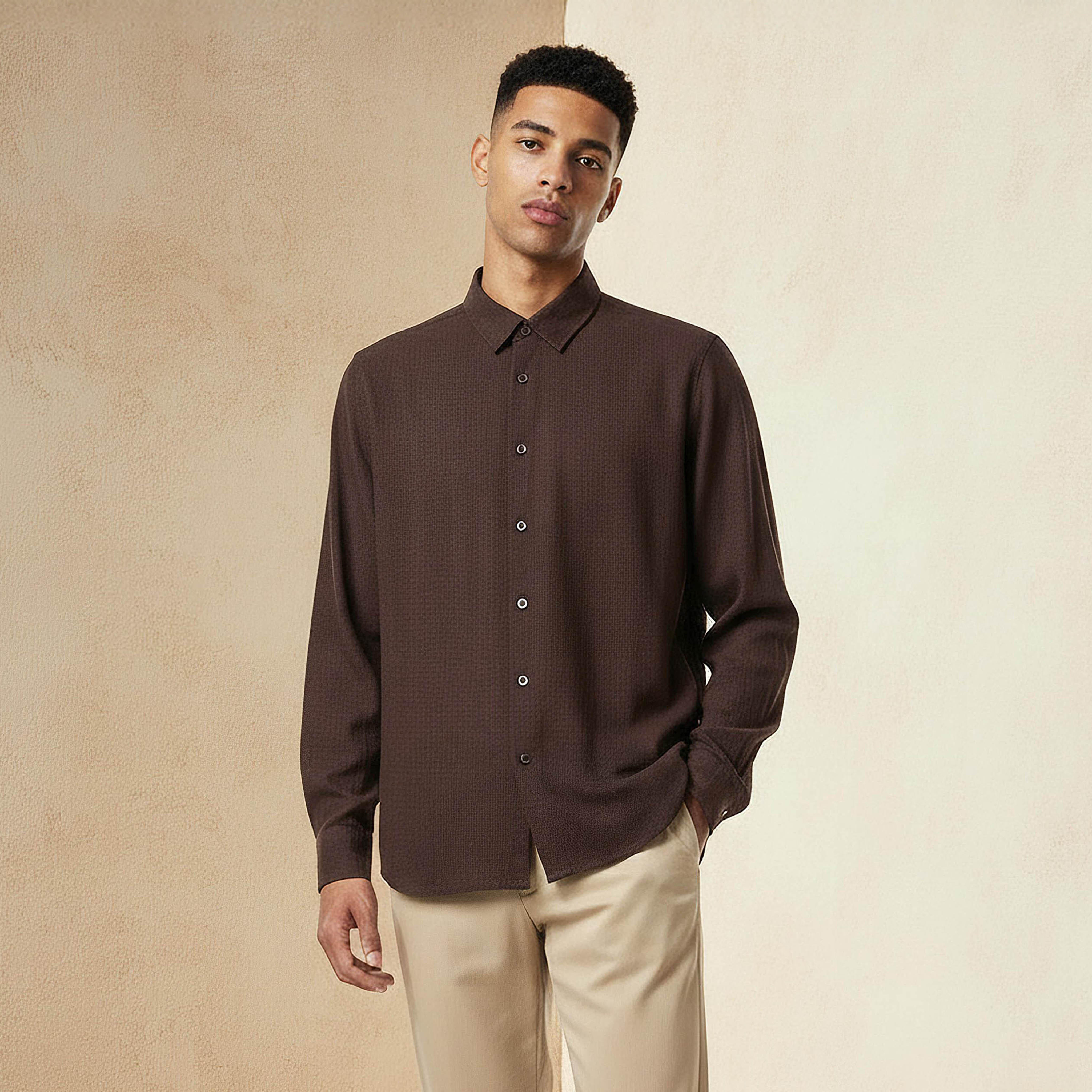 Men Regular Fit Collared Waffle Textured Long Sleeves Shirt-men-clothing-shirts-image-1