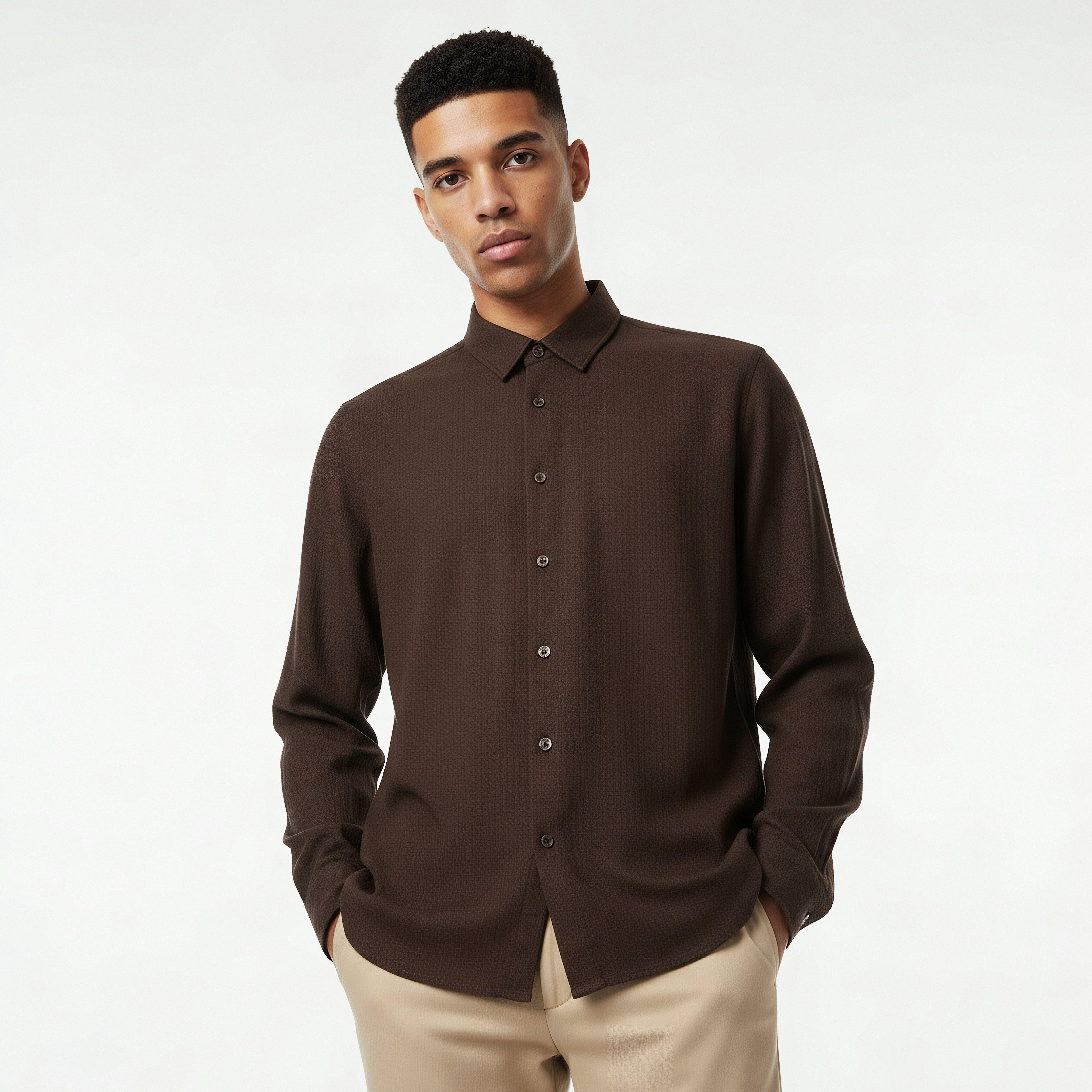 Men Regular Fit Collared Waffle Textured Long Sleeves Shirt-men-clothing-shirts-image-3