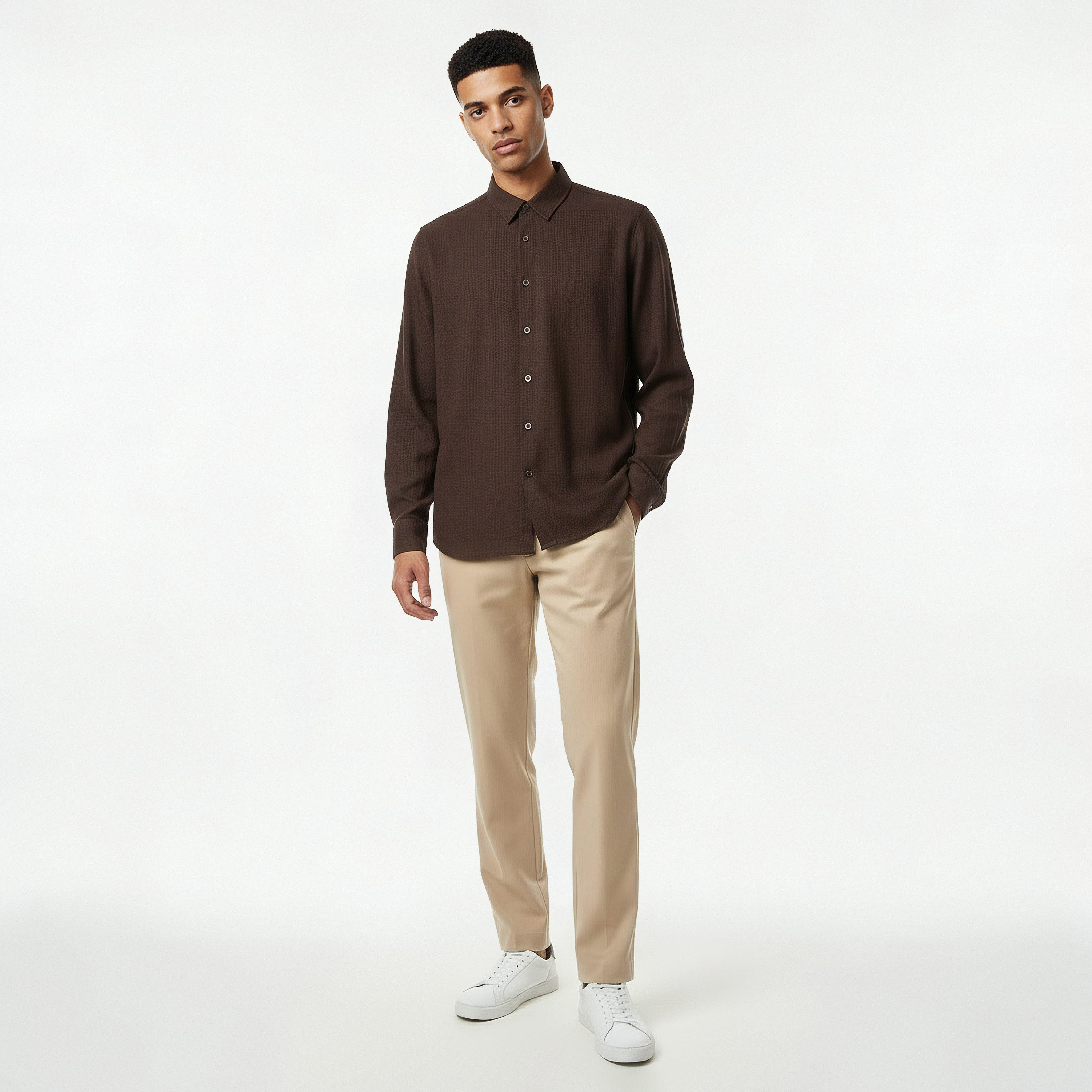 Men Regular Fit Collared Waffle Textured Long Sleeves Shirt-men-clothing-shirts-image-4