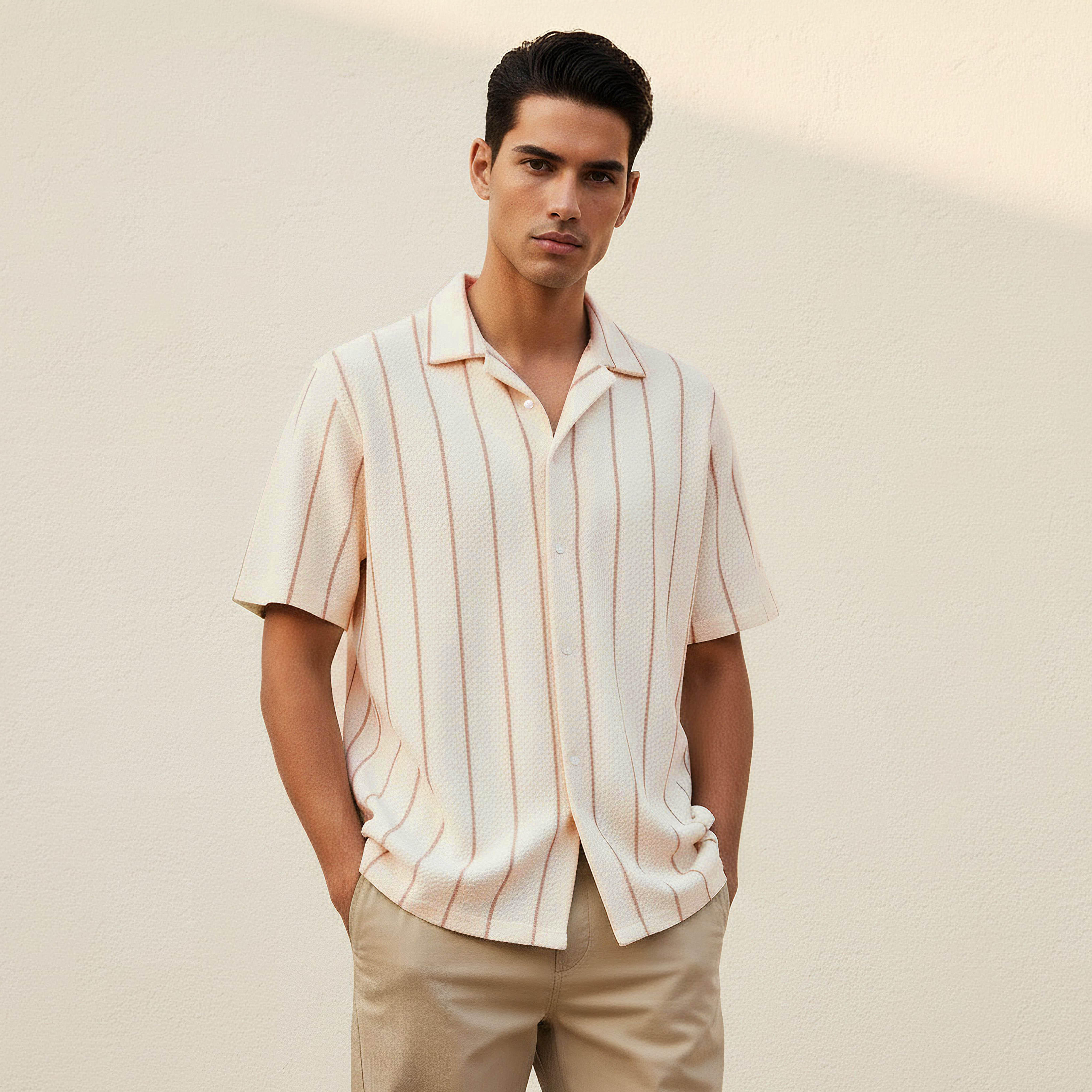 Men Regular Fit Camp Collar Striped Short Sleeve Shirt-men-clothing-shirts-image-1