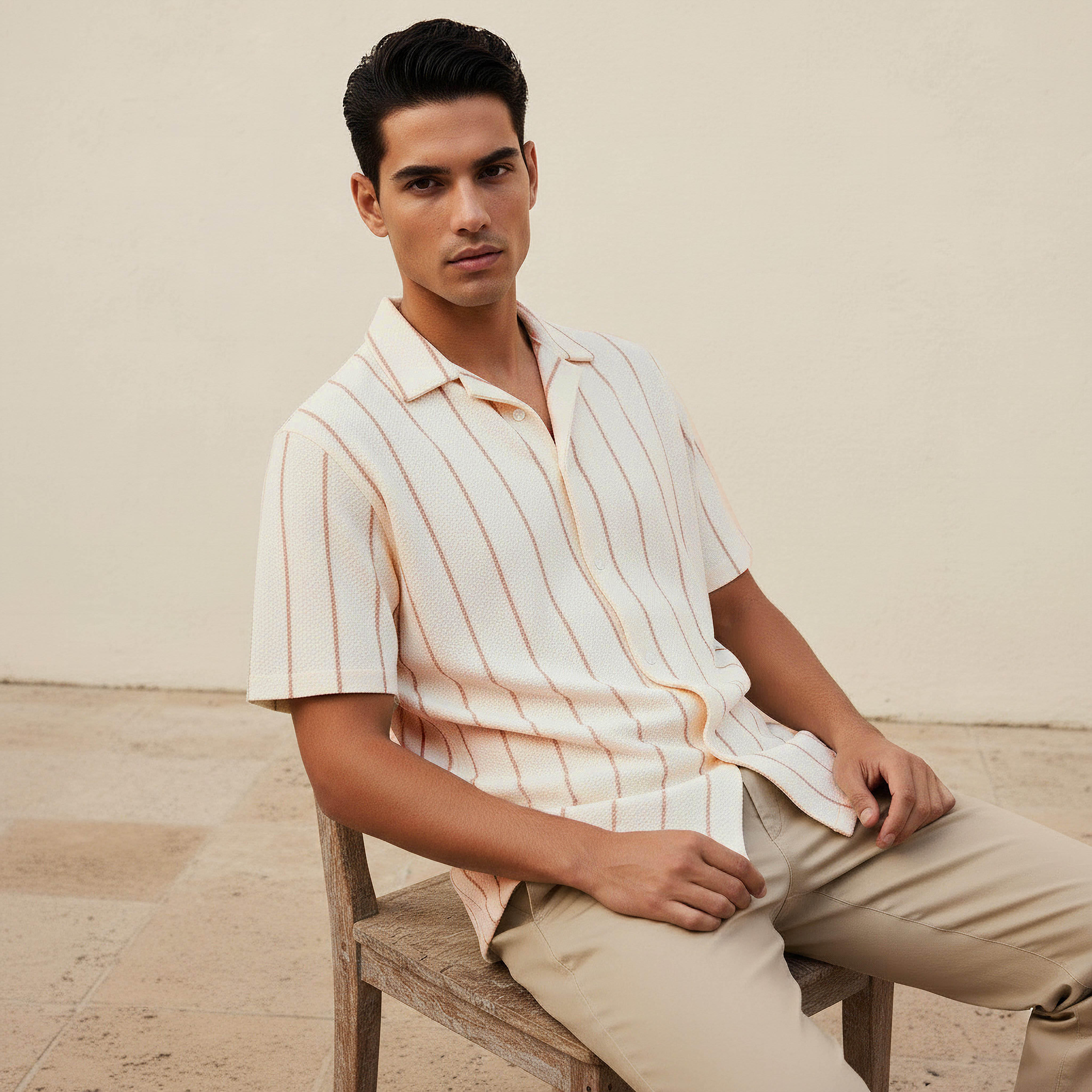 Men Regular Fit Camp Collar Striped Short Sleeve Shirt-men-clothing-shirts-image-5