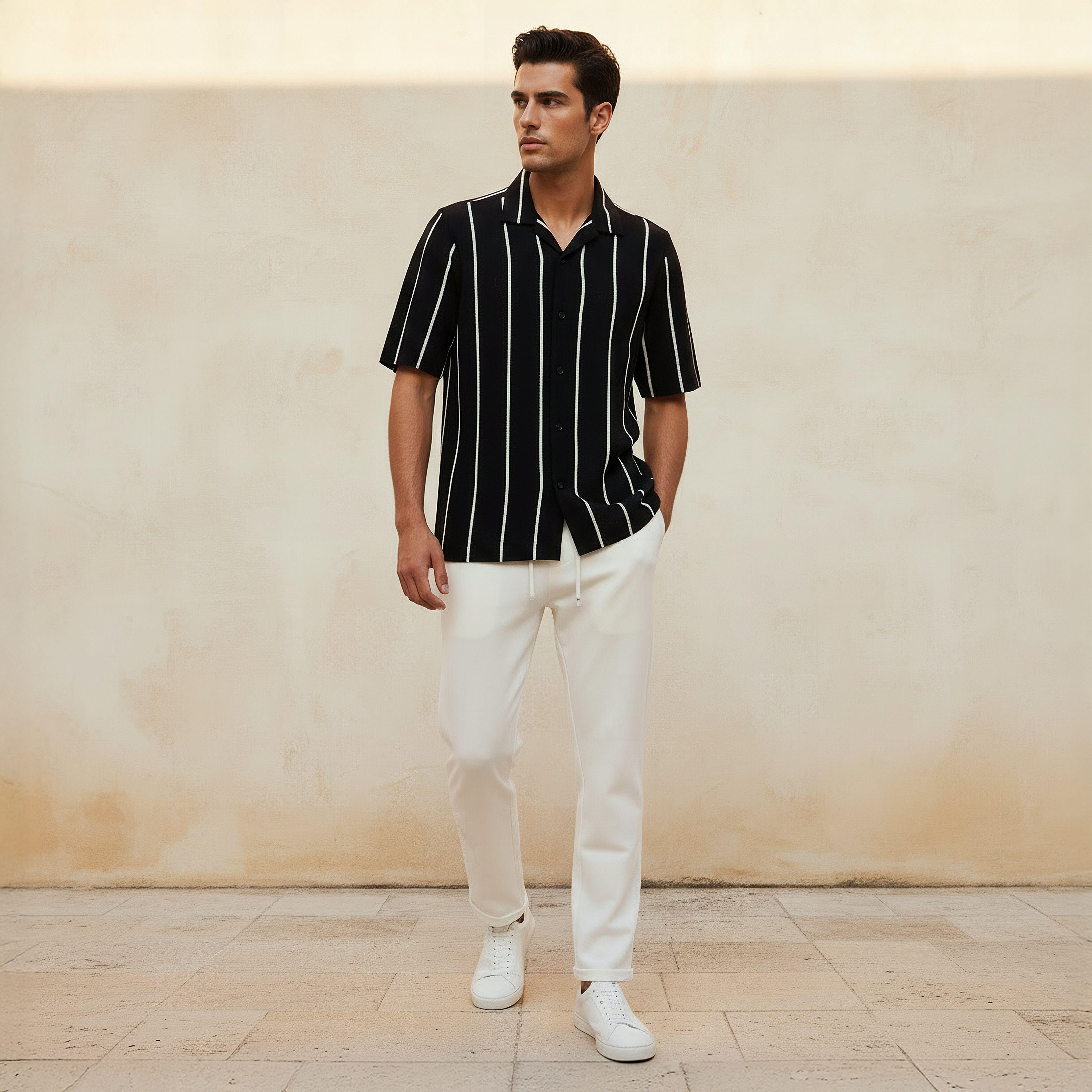 Men Regular Fit Camp Collar Striped Short Sleeve Shirt-men-clothing-shirts-image-3