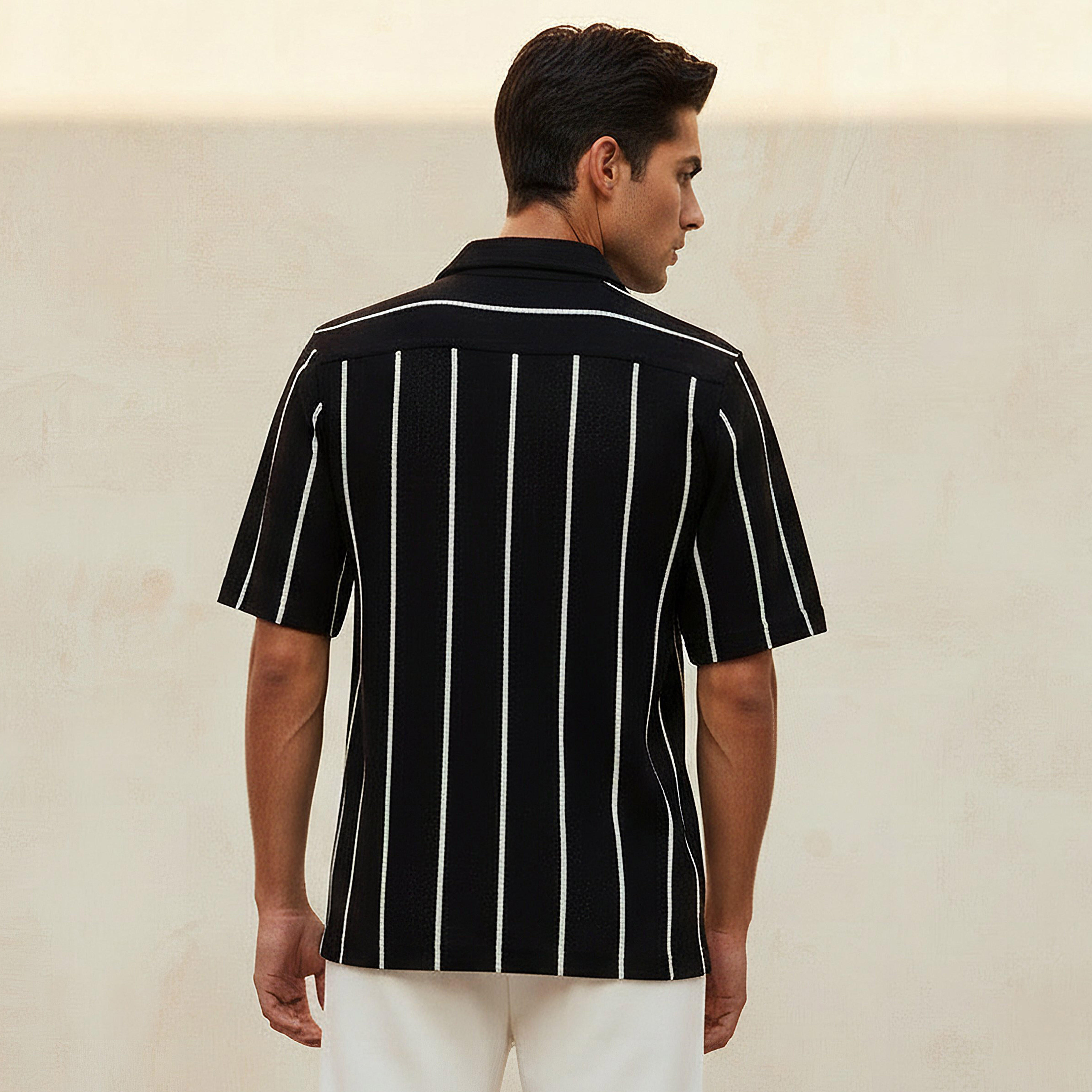 Men Regular Fit Camp Collar Striped Short Sleeve Shirt-men-clothing-shirts-image-4