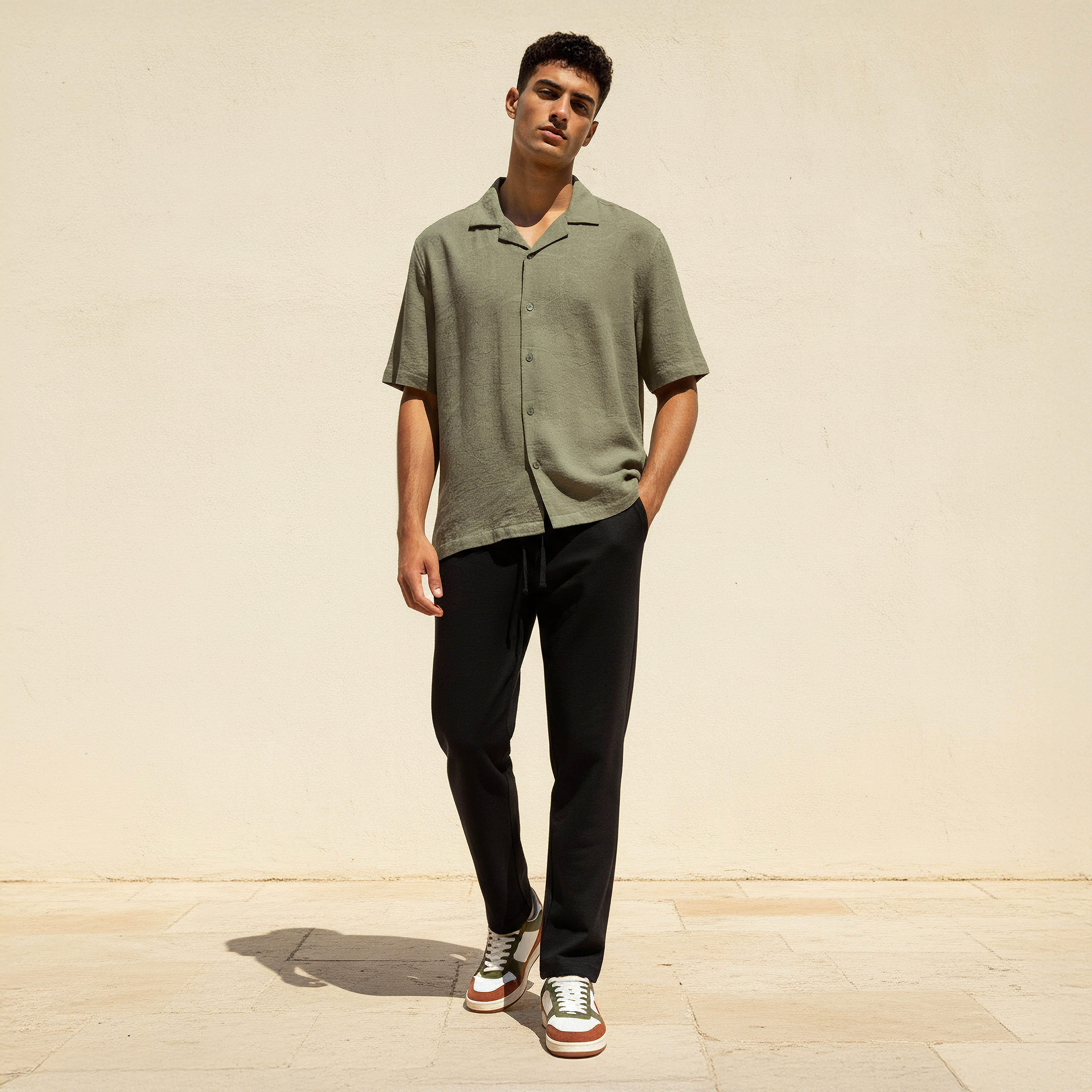 Men Regular Fit Cuban Collar Textured Short Sleeves Linen Blend Shirt-men-clothing-shirts-image-3