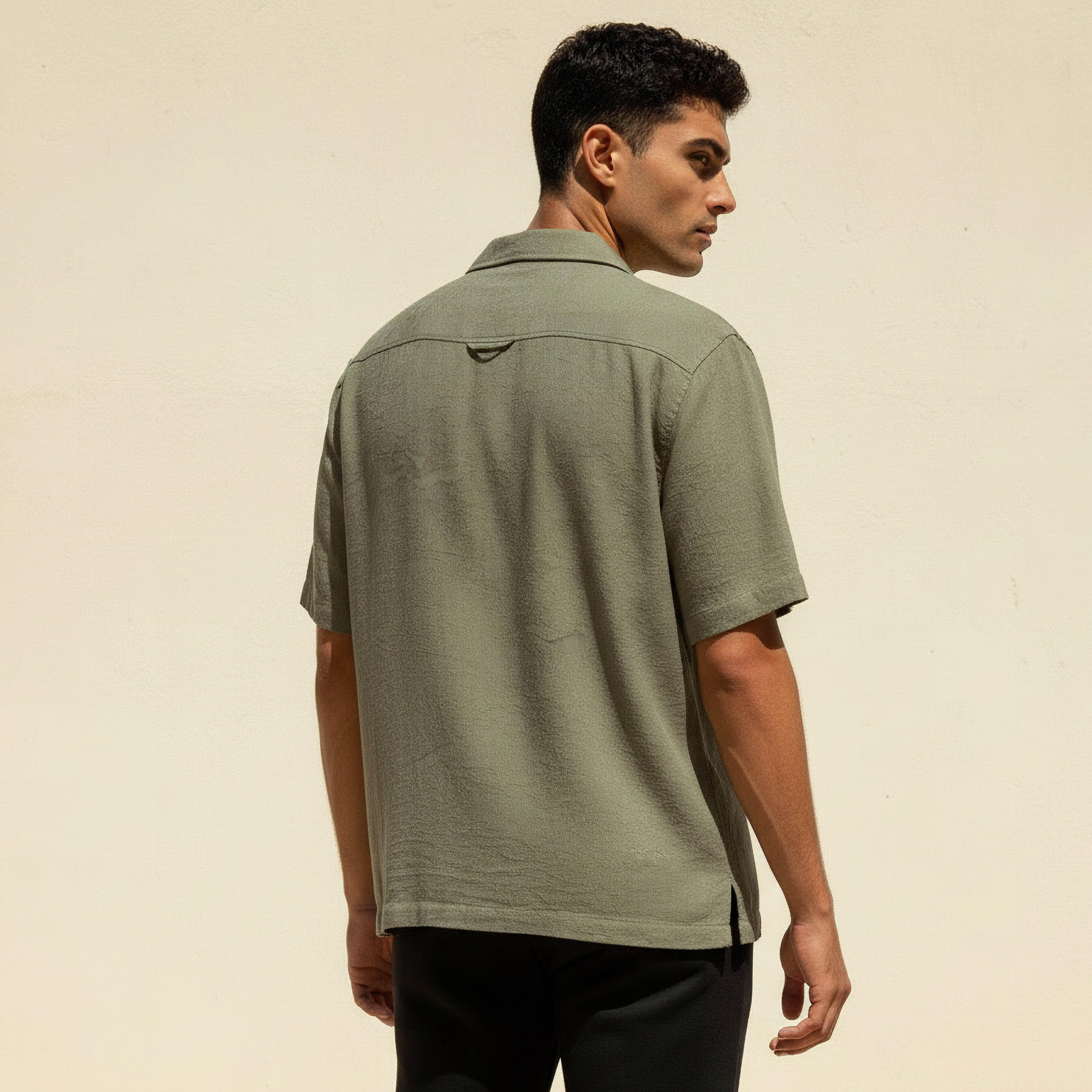 Men Regular Fit Cuban Collar Textured Short Sleeves Linen Blend Shirt-men-clothing-shirts-image-4