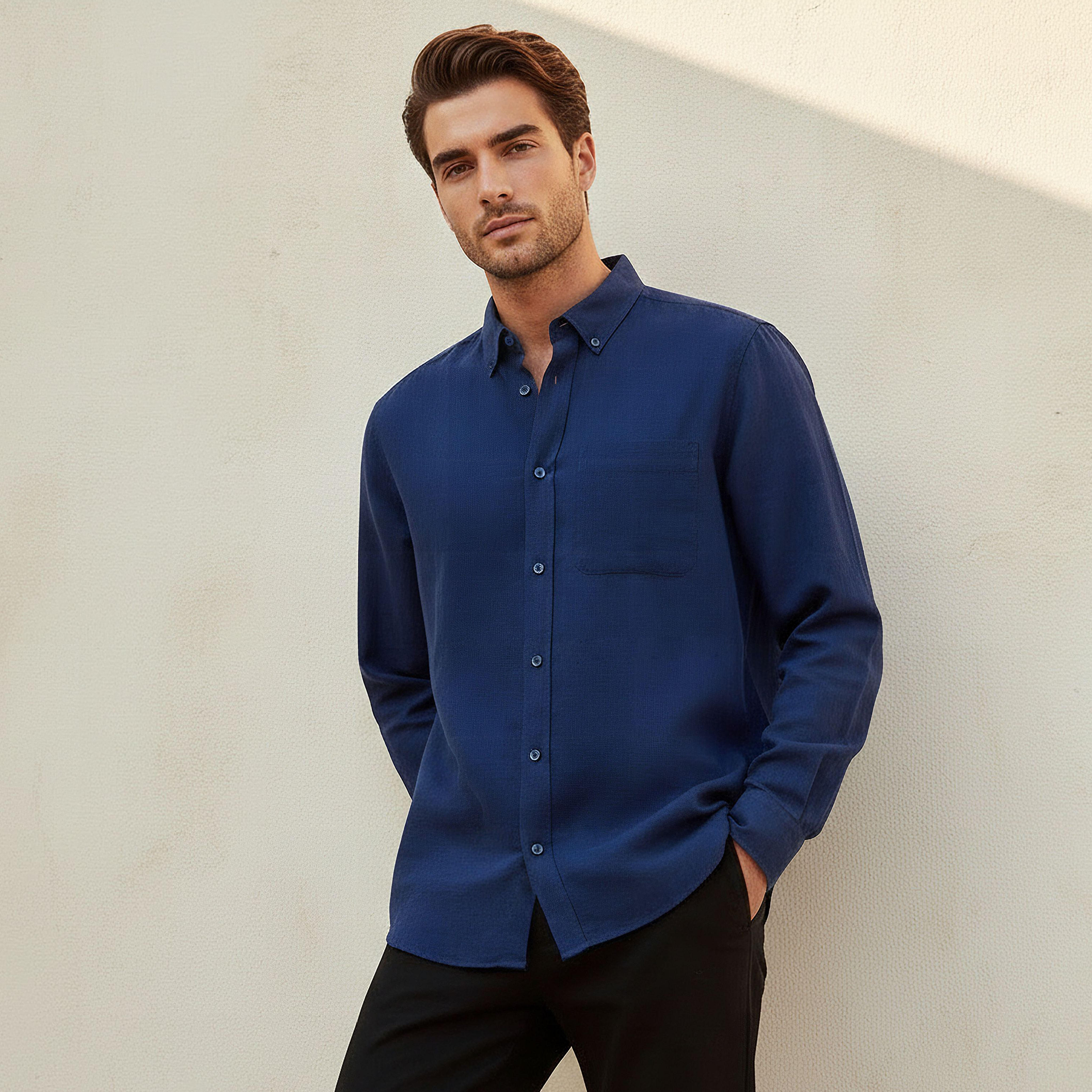Men Regular Fit Collared Button-Down Long Sleeves Linen Blend Shirt-men-clothing-shirts-image-1