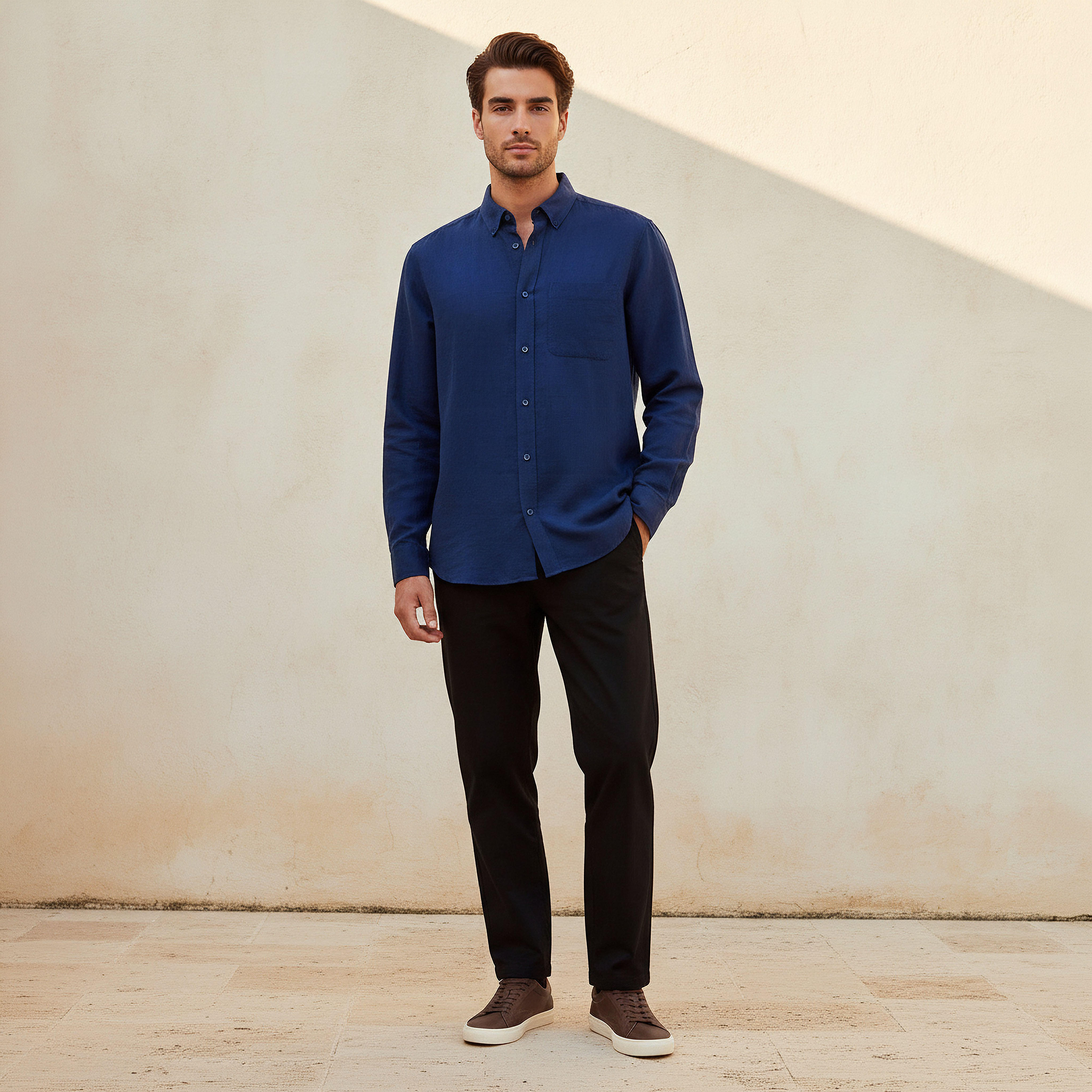 Men Regular Fit Collared Button-Down Long Sleeves Linen Blend Shirt-men-clothing-shirts-image-3
