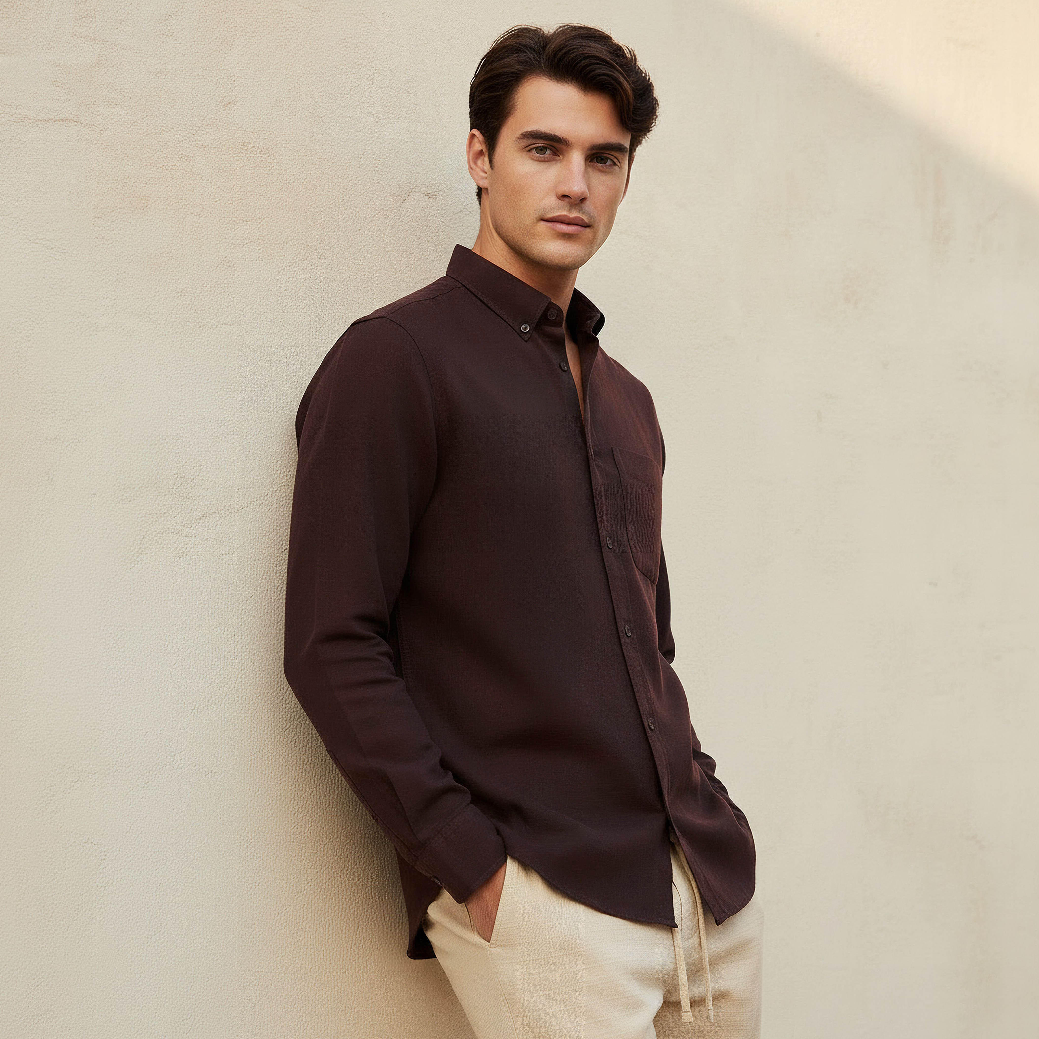 Men Regular Fit Collared Button-Down Long Sleeves Linen Blend Shirt-men-clothing-shirts-image-1