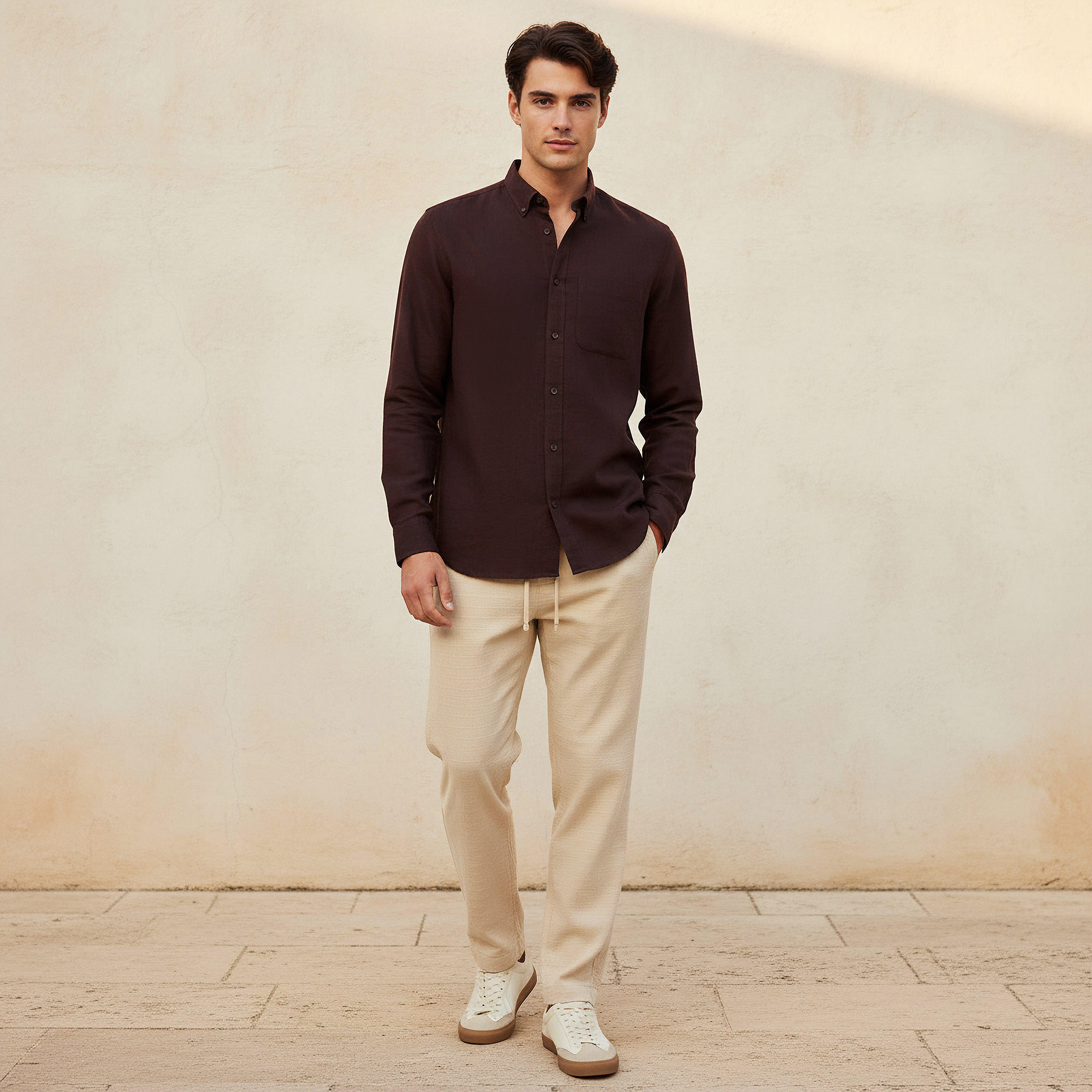 Men Regular Fit Collared Button-Down Long Sleeves Linen Blend Shirt-men-clothing-shirts-image-3