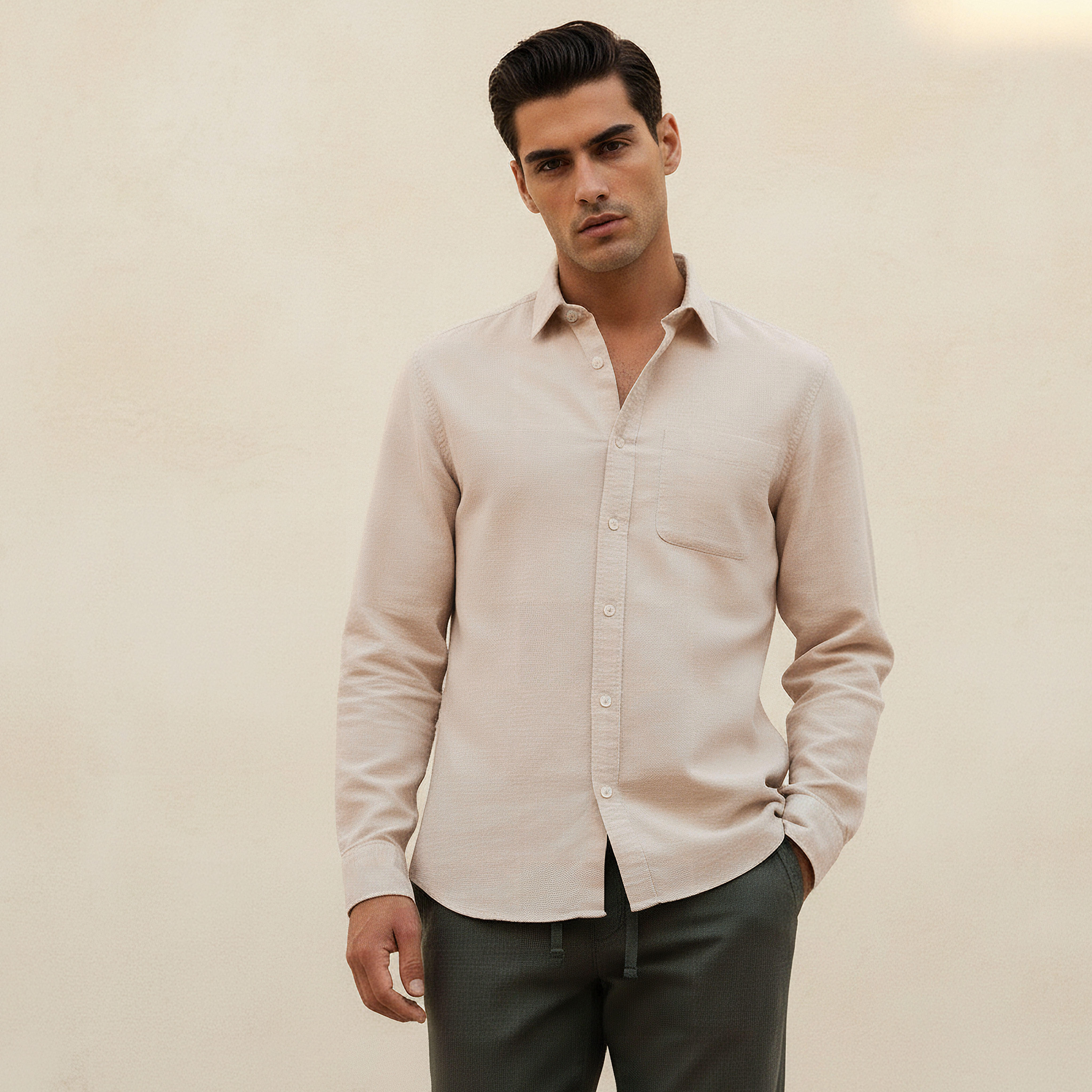 قميص من مزيج الكتان بقصة عادية وياقة عادية وأكمام طويلة وأزرار للرجال-men-clothing-shirts-image-1
