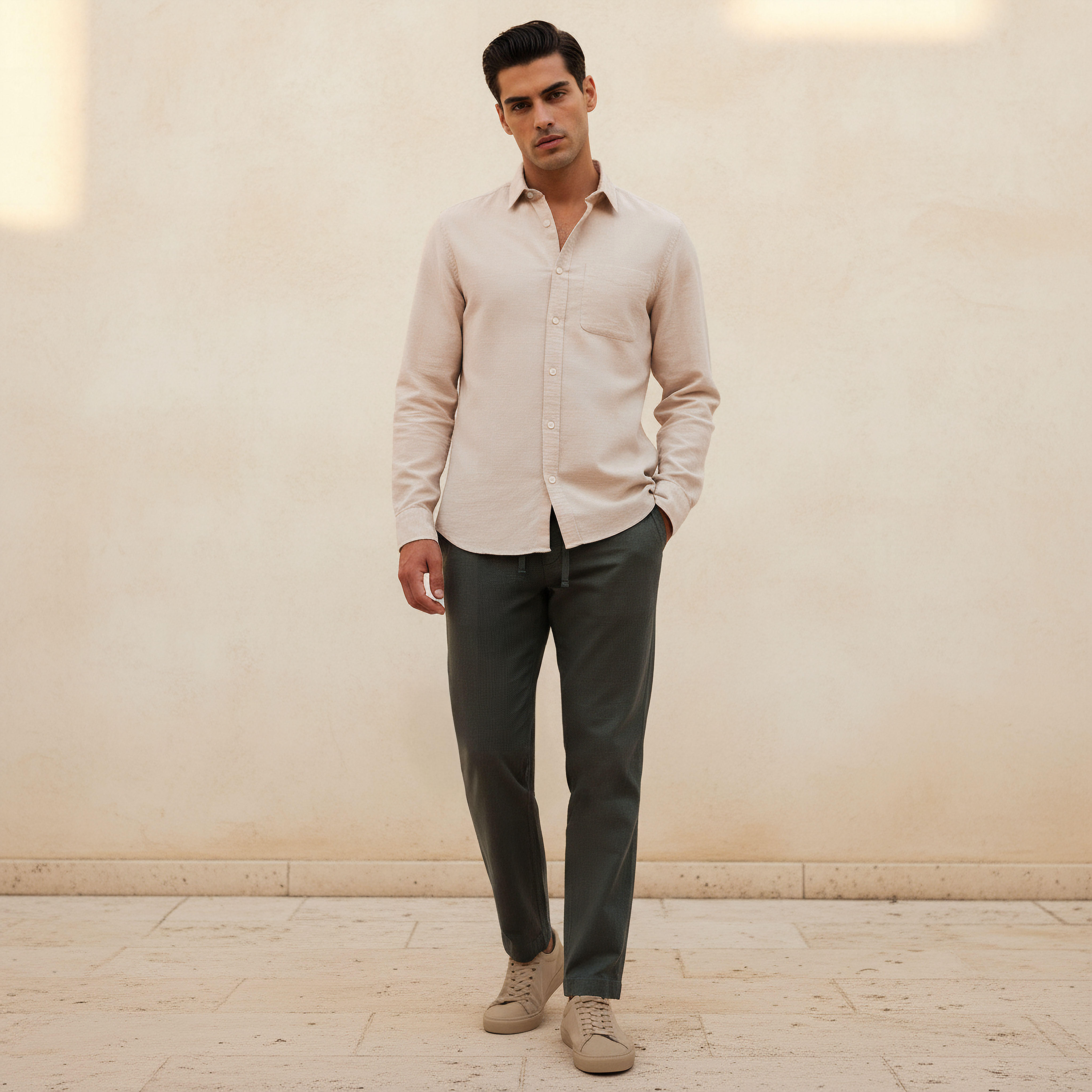 Men Regular Fit Collared Button-Down Long Sleeves Linen Blend Shirt-men-clothing-shirts-image-3