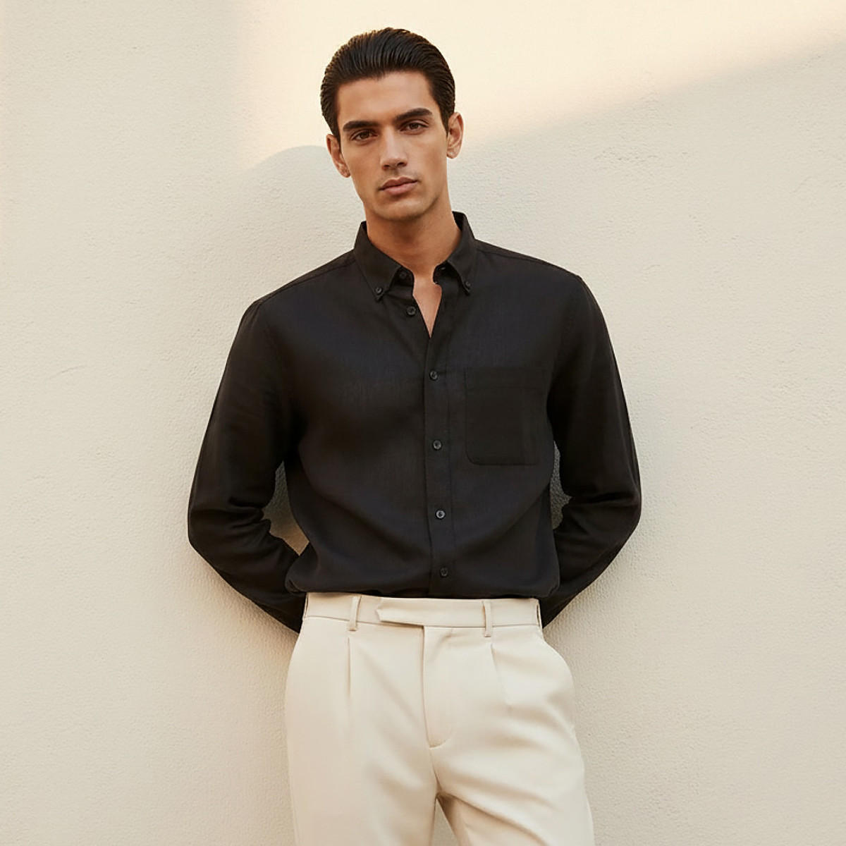 Men Regular Fit Collared Button-Down Long Sleeves Linen Blend Shirt-men-clothing-shirts-image-1