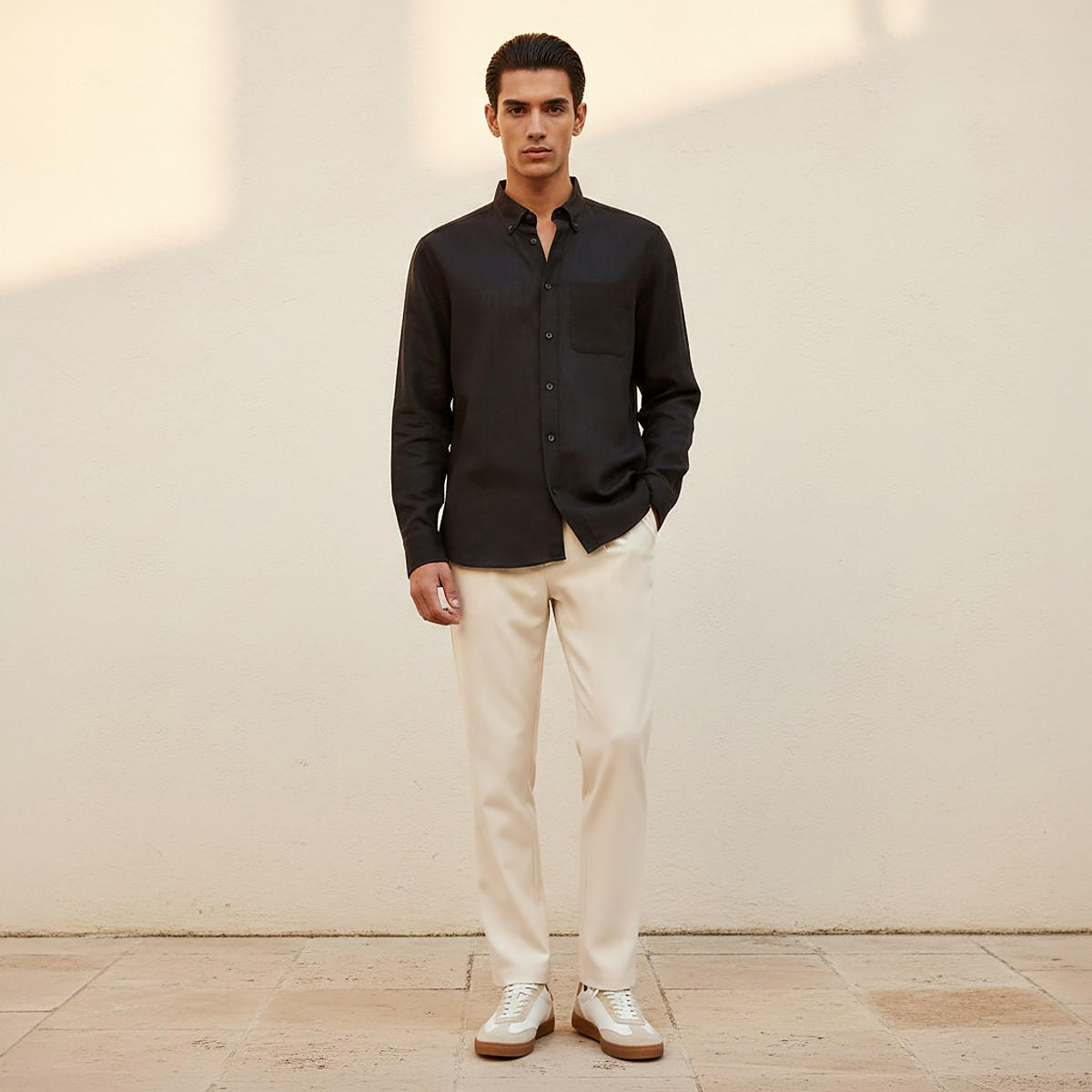 Men Regular Fit Collared Button-Down Long Sleeves Linen Blend Shirt-men-clothing-shirts-image-3