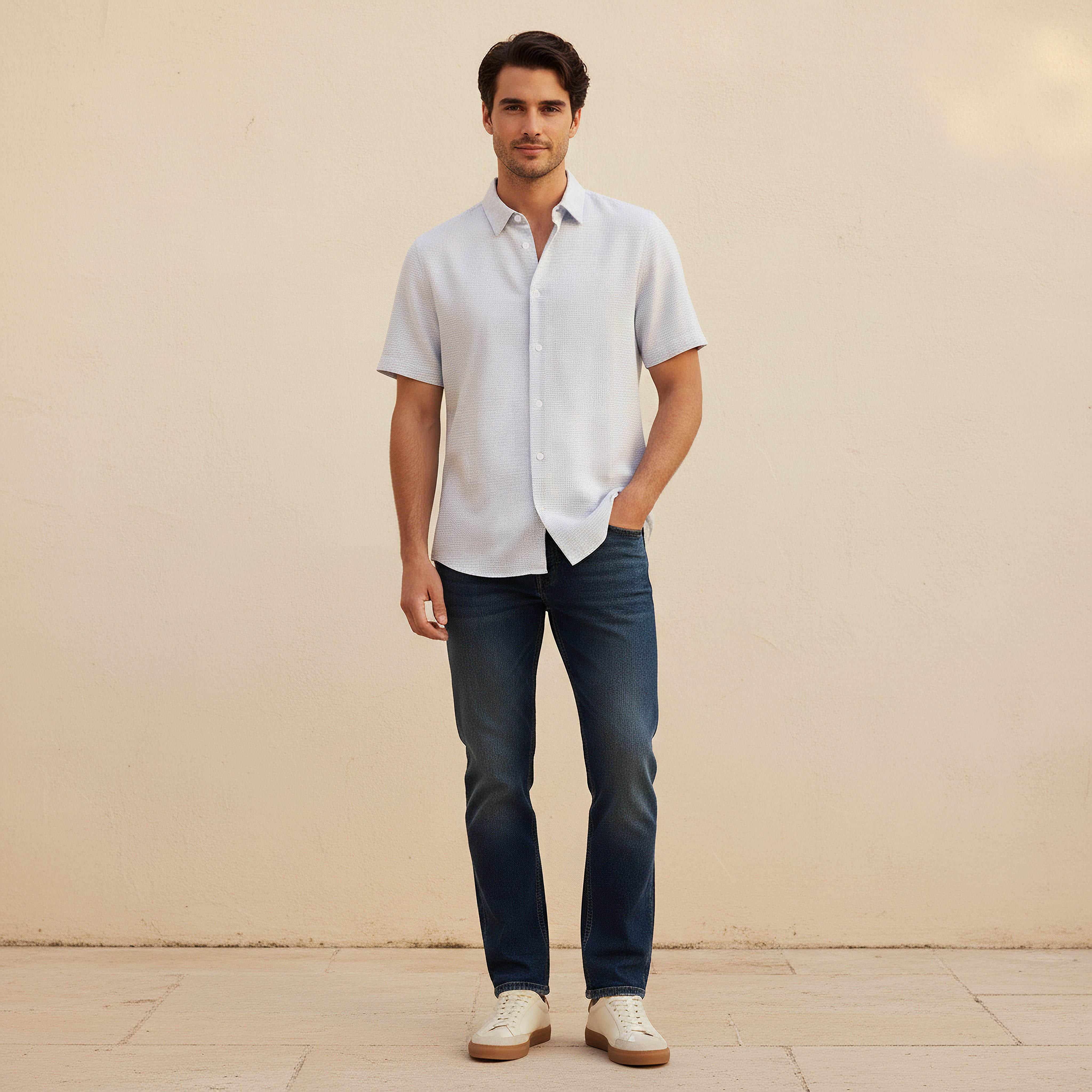 قميص بارز الملمس بقصّة عادية وياقة عادية وأكمام قصيرة للرجال-men-clothing-shirts-image-3