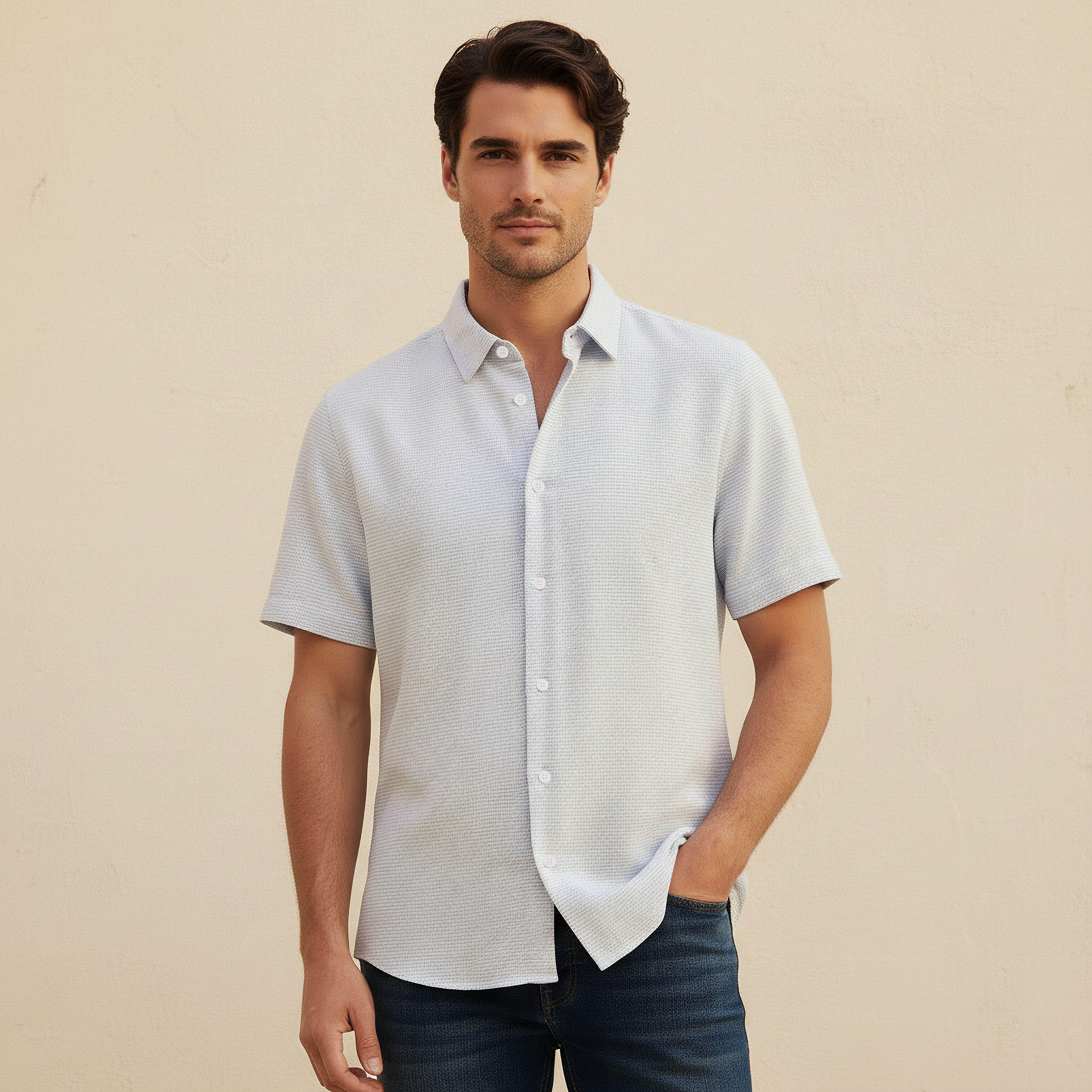 Men Regular Fit Collared Textured Short Sleeve Shirt-men-clothing-shirts-image-5
