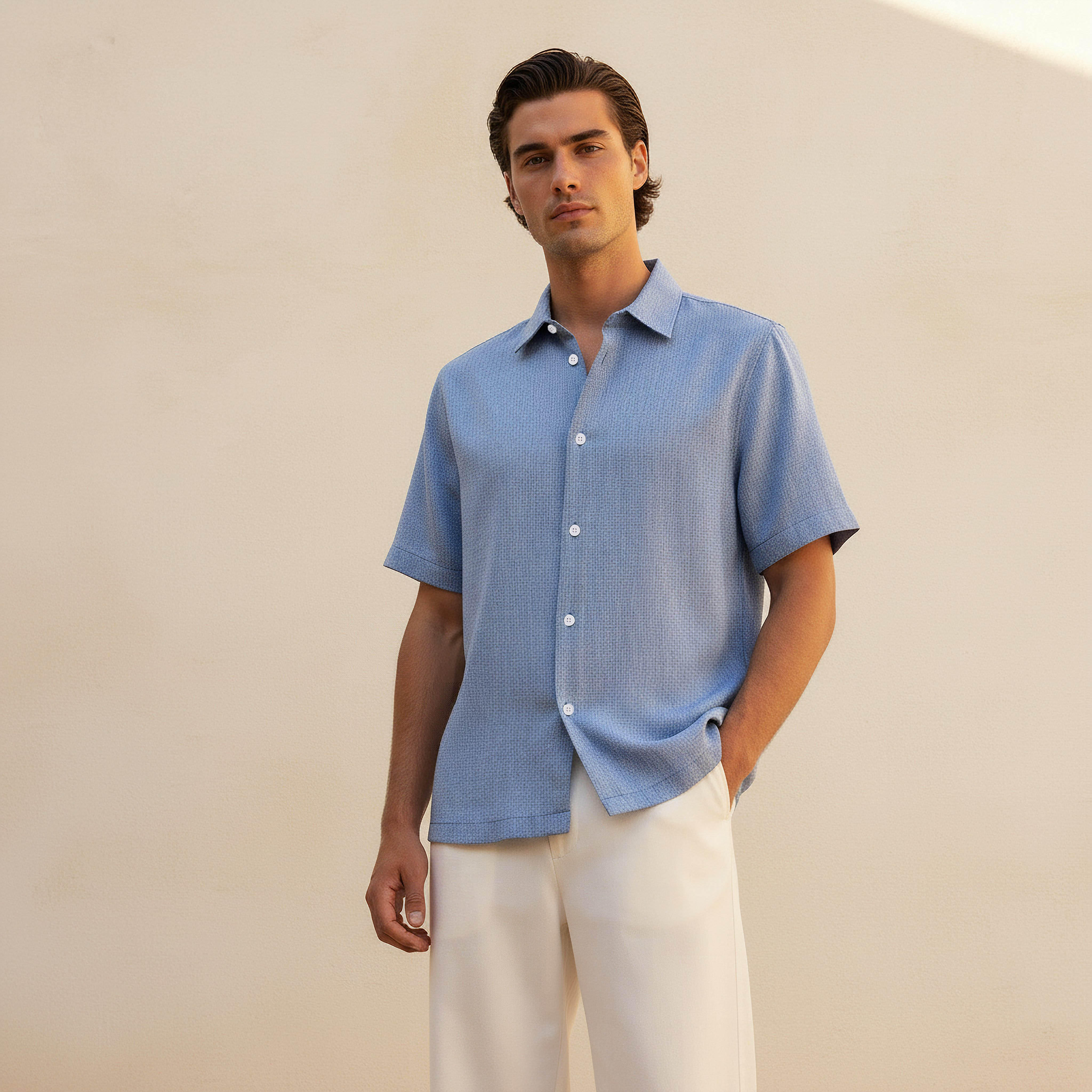 Men Regular Fit Collared Textured Short Sleeve Shirt-men-clothing-shirts-image-10