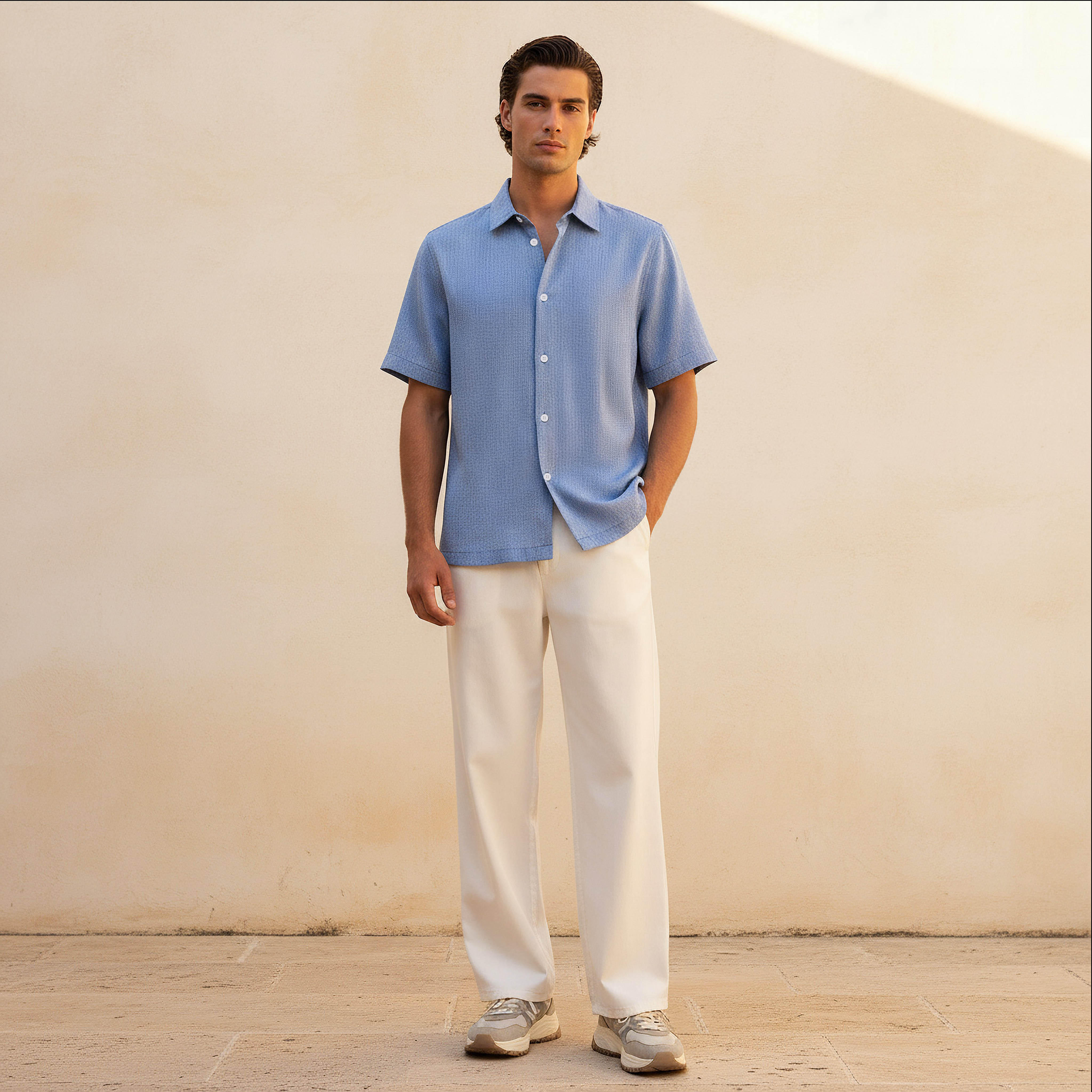 Men Regular Fit Collared Textured Short Sleeve Shirt-men-clothing-shirts-image-12