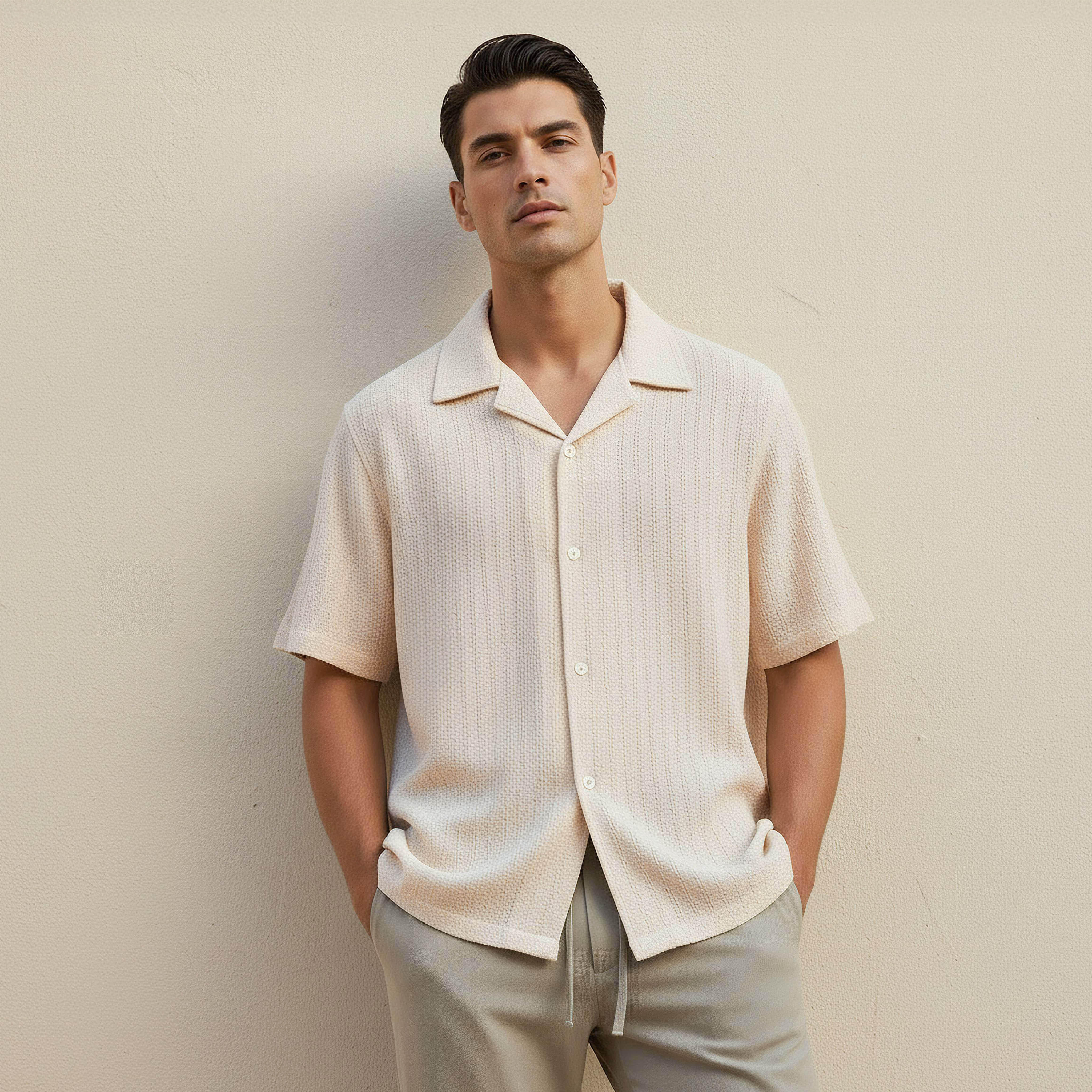 Men Regular Fit Camp Collar Textured Short Sleeves Shirt-men-clothing-shirts-image-1
