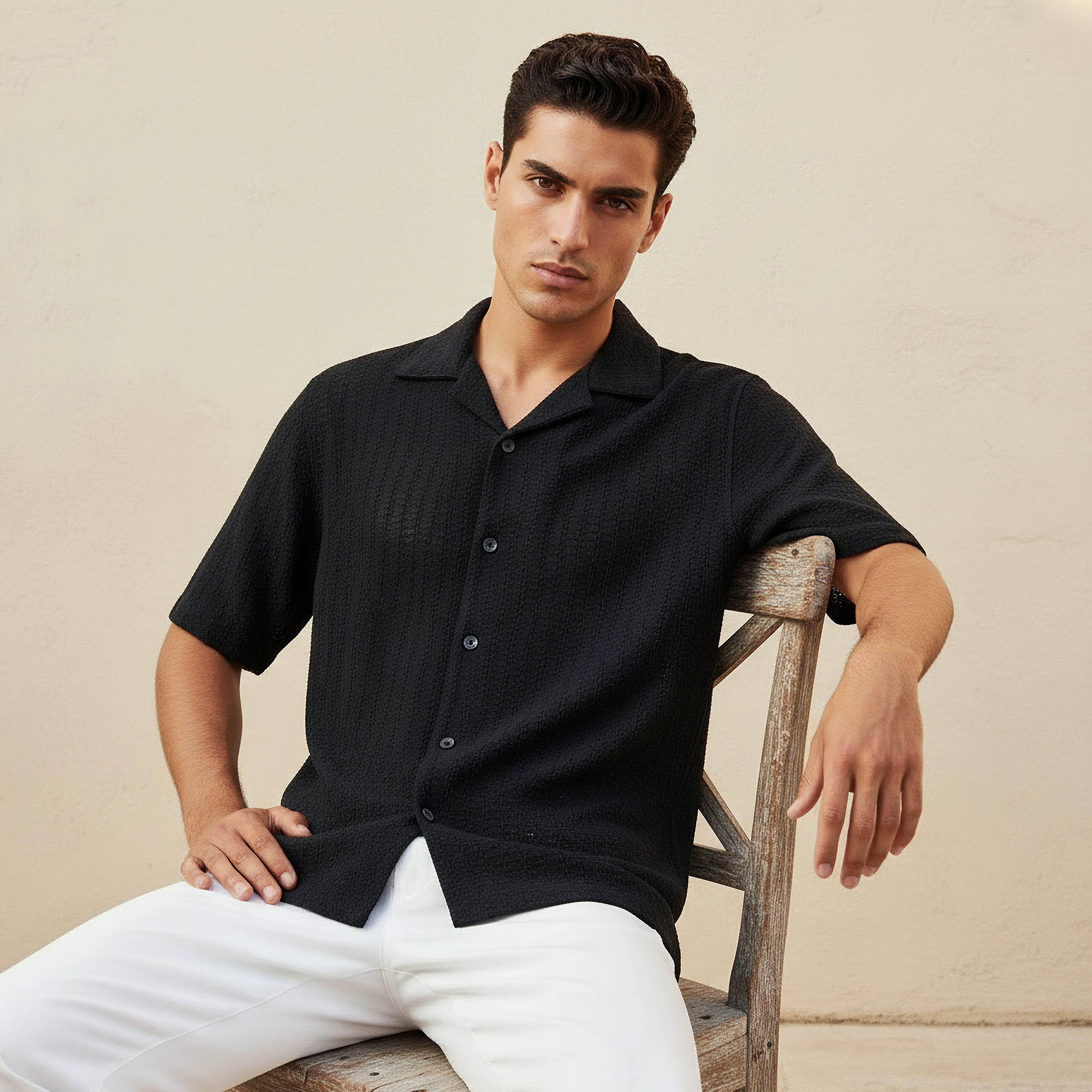 Men Regular Fit Camp Collar Textured Short Sleeves Shirt-men-clothing-shirts-image-1