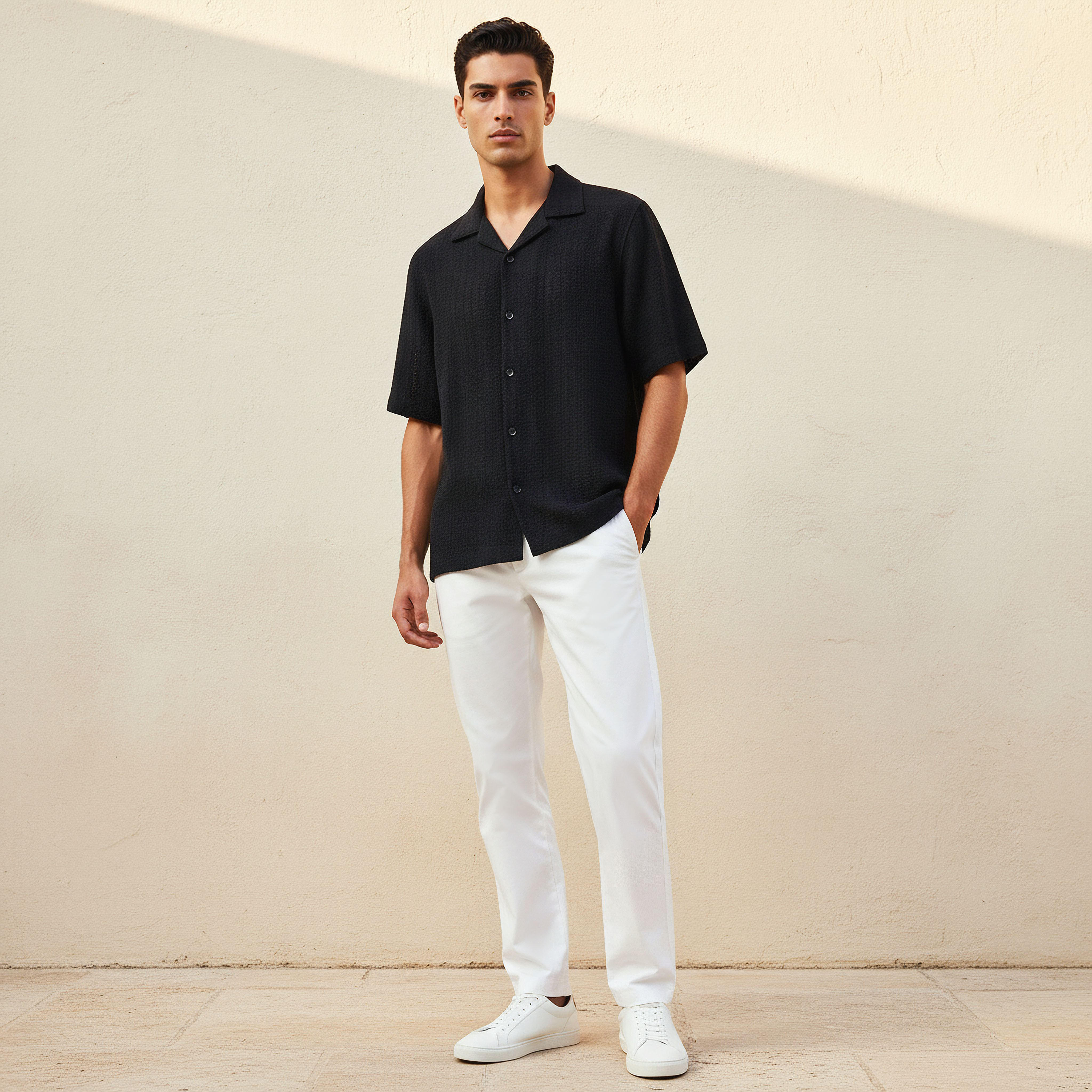 Men Regular Fit Camp Collar Textured Short Sleeves Shirt-men-clothing-shirts-image-3