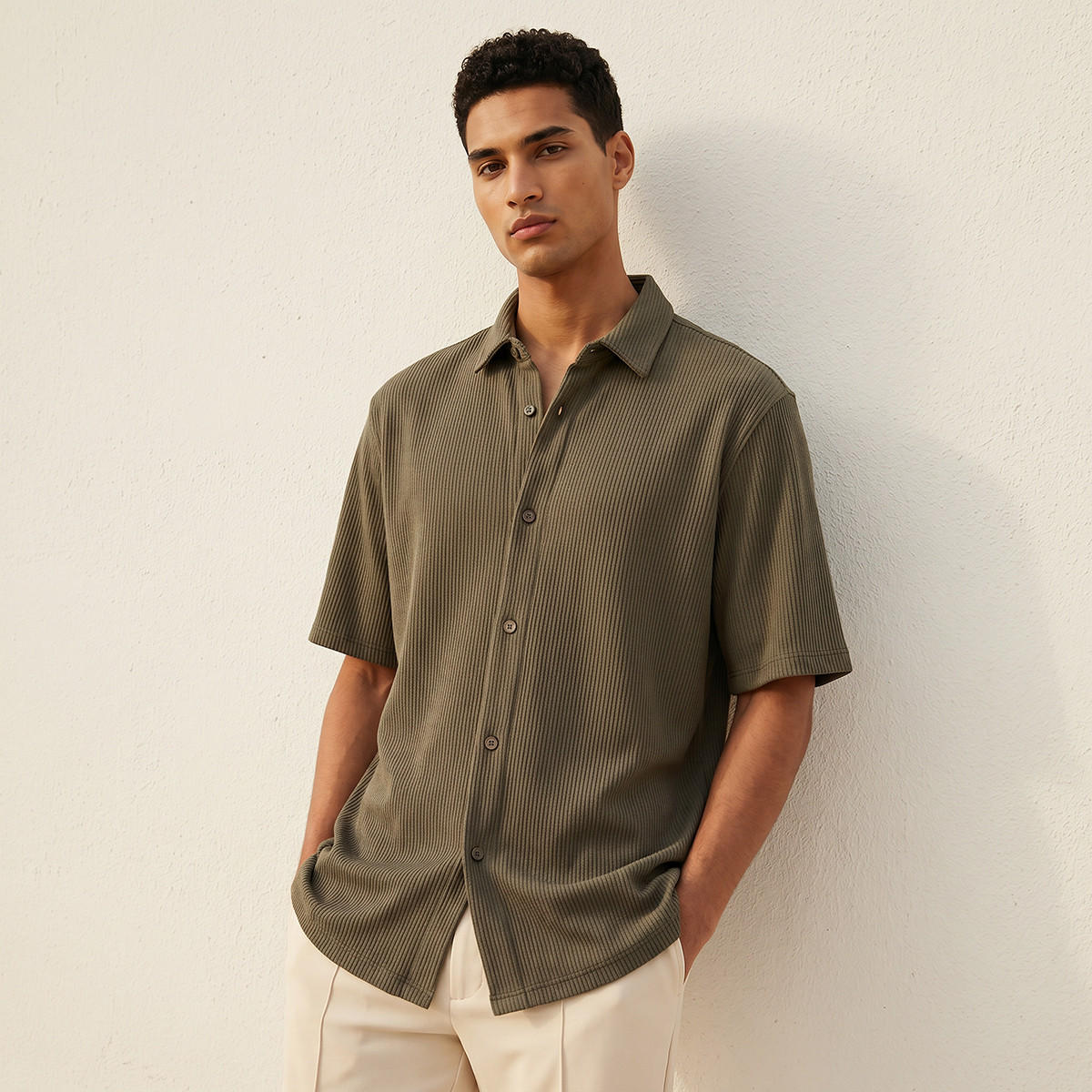 Men Regular Fit Collared Textured Short Sleeves Shirt-men-clothing-shirts-image-1