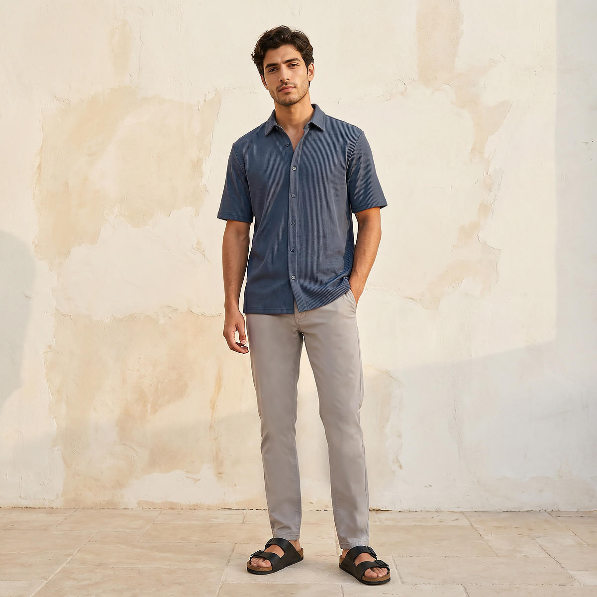 قميص بارز الملمس بقصّة عادية وياقة عادية وأكمام قصيرة للرجال-men-clothing-shirts-image-2
