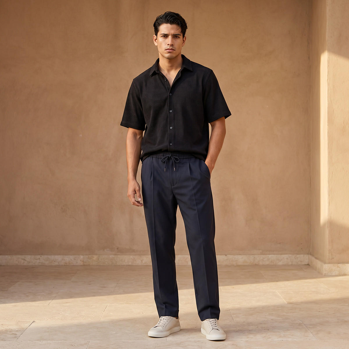 Men Regular Fit Collared Textured Short Sleeves Shirt-men-clothing-shirts-image-3
