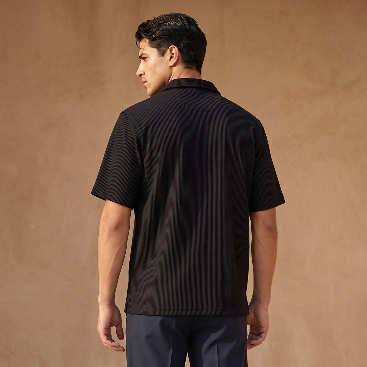 Men Regular Fit Collared Textured Short Sleeves Shirt-men-clothing-shirts-image-4