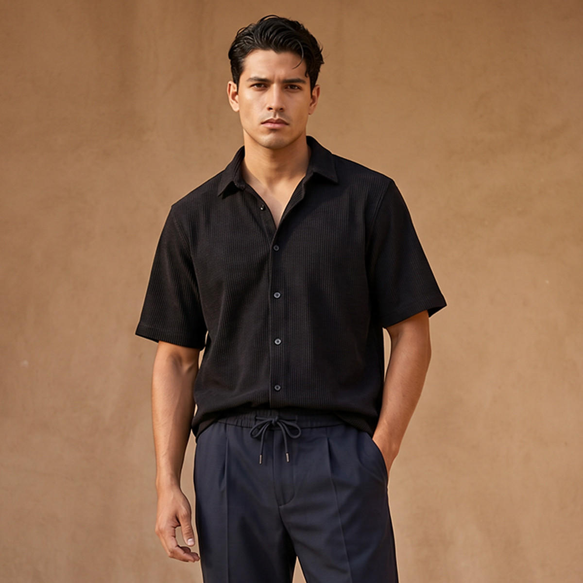 Men Regular Fit Collared Textured Short Sleeves Shirt-men-clothing-shirts-image-5