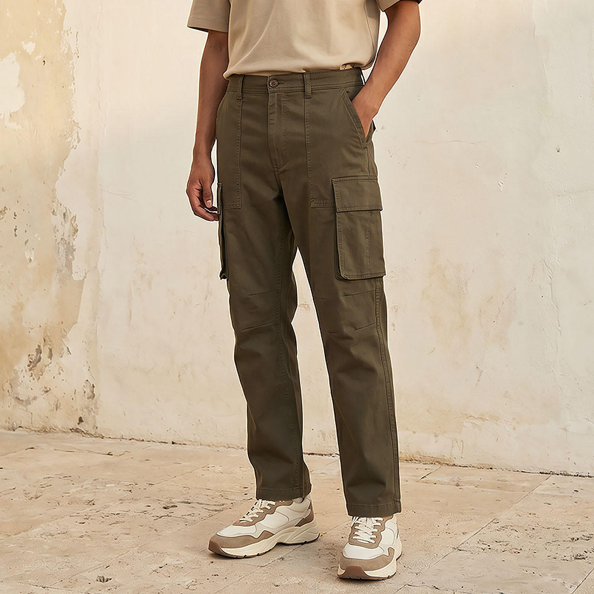 Men Regular Fit Twill Cargo Trousers-men-clothing-bottoms-trousersandchinos-trousers-image-1