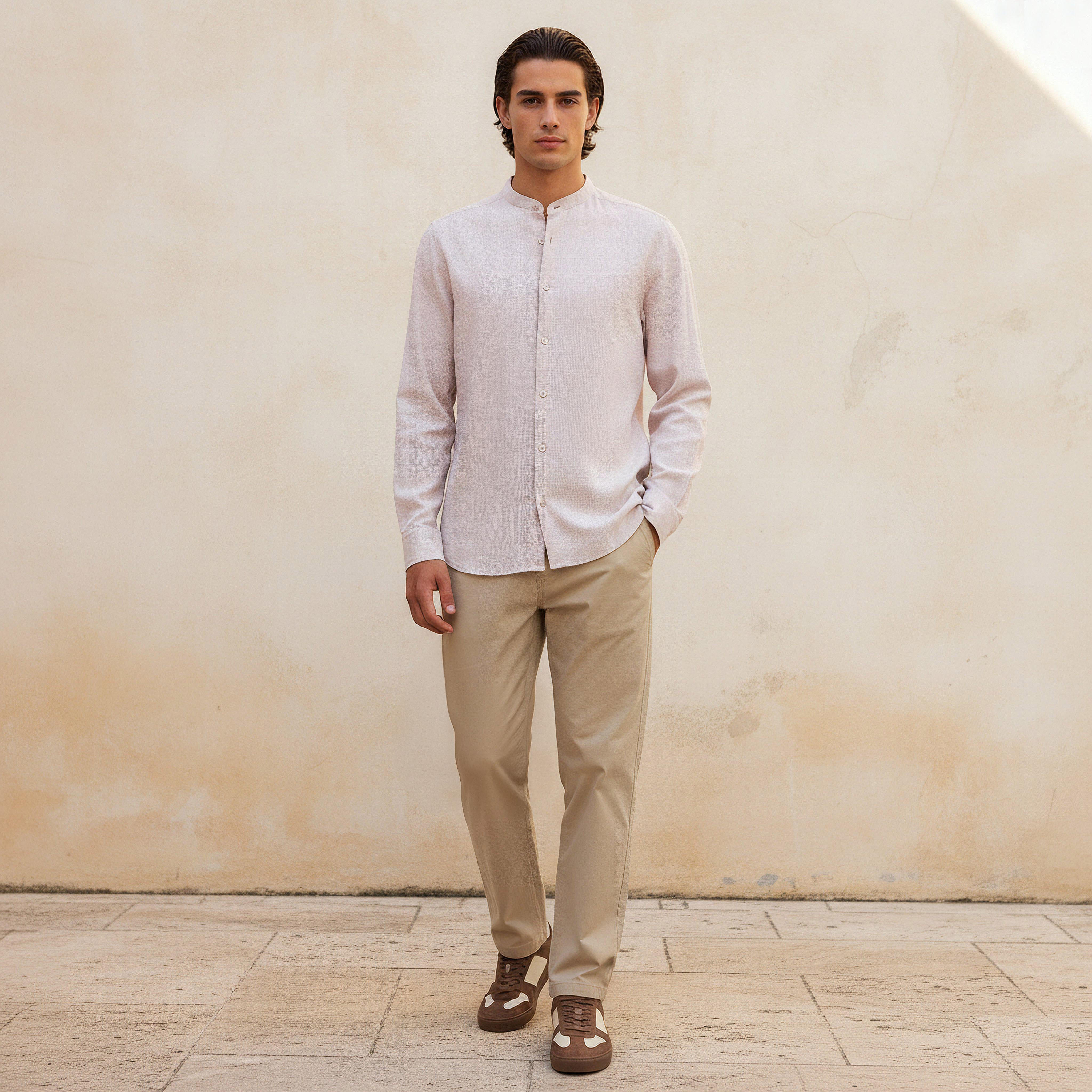 Men Regular Fit Mandarin Neck Houndstooth Long Sleeves Linen Blend Shirt-men-clothing-shirts-image-3