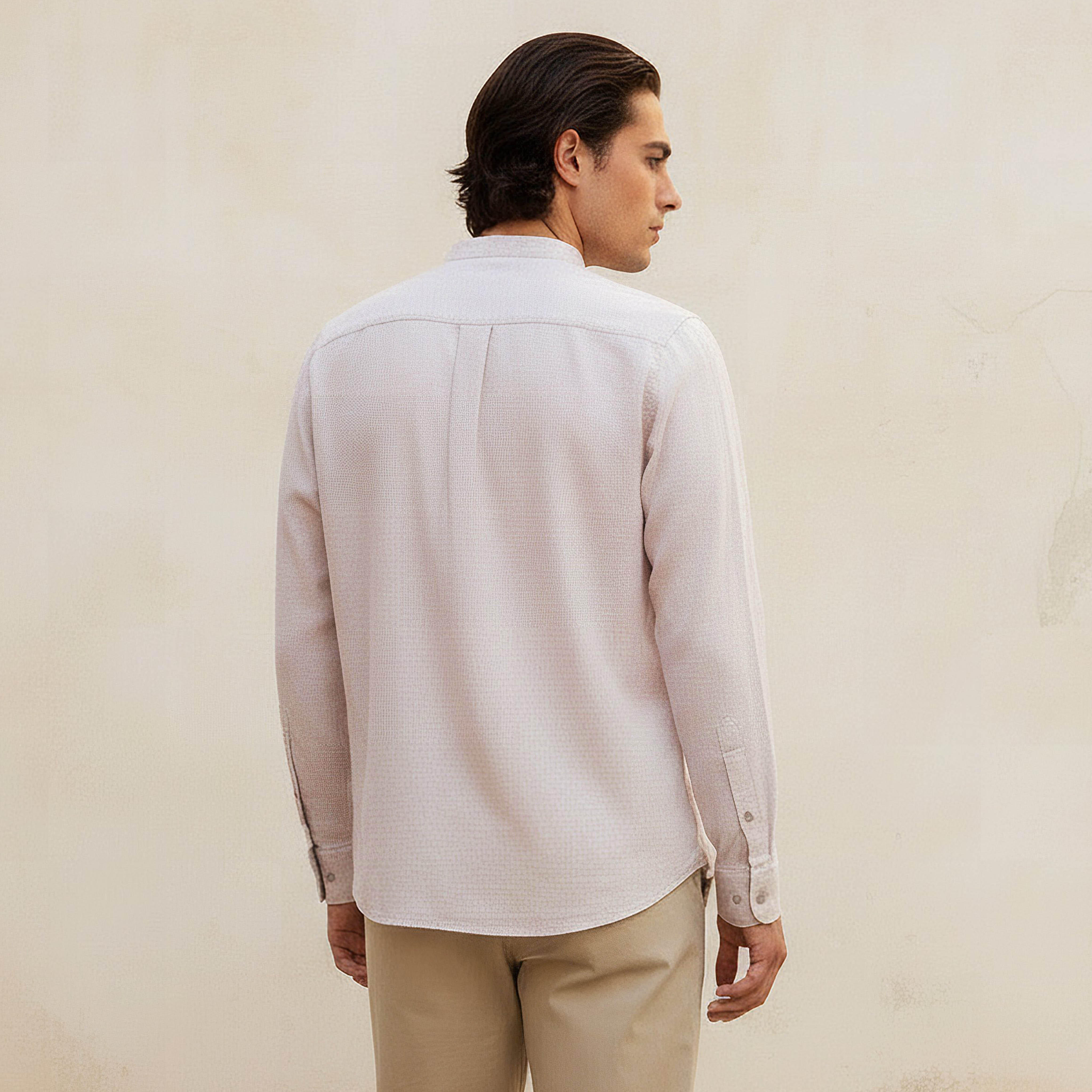 Men Regular Fit Mandarin Neck Houndstooth Long Sleeves Linen Blend Shirt-men-clothing-shirts-image-4