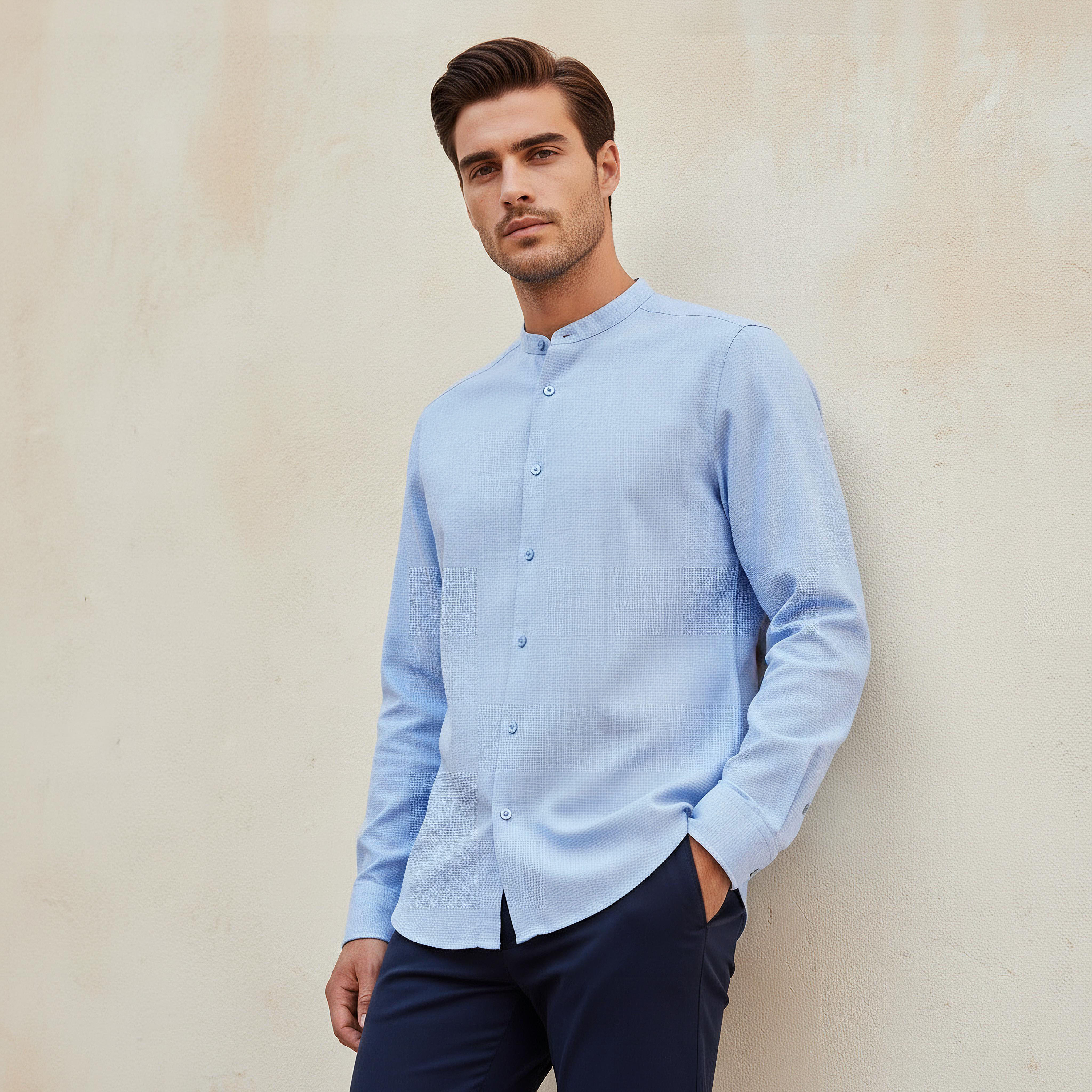 Men Regular Fit Mandarin Neck Houndstooth Long Sleeves Linen Blend Shirt-men-clothing-shirts-image-1