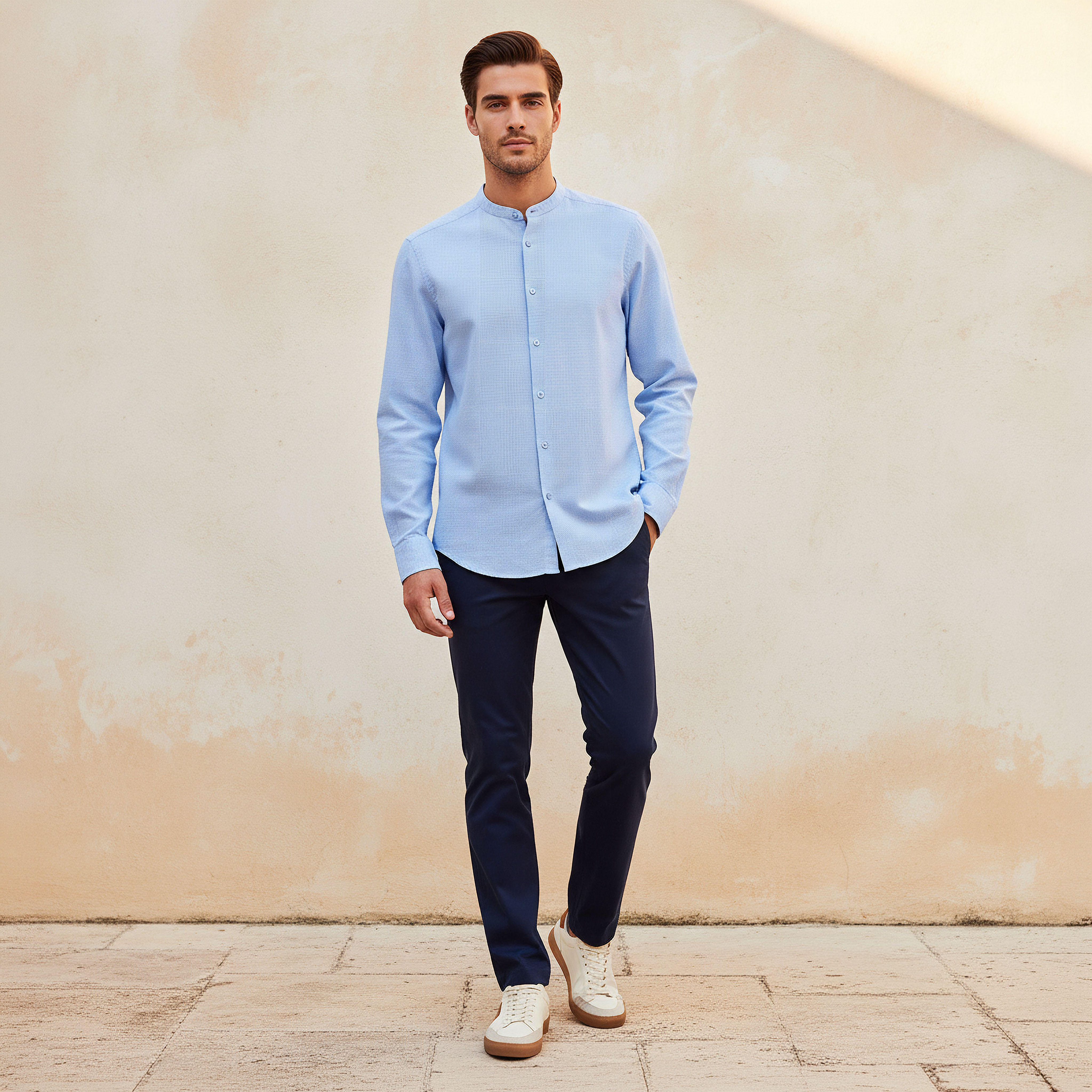 Men Regular Fit Mandarin Neck Houndstooth Long Sleeves Linen Blend Shirt-men-clothing-shirts-image-3