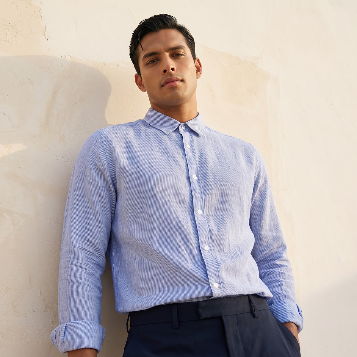 Men Slim Fit Collared Striped Long Sleeve Shirt-men-clothing-shirts-image-1