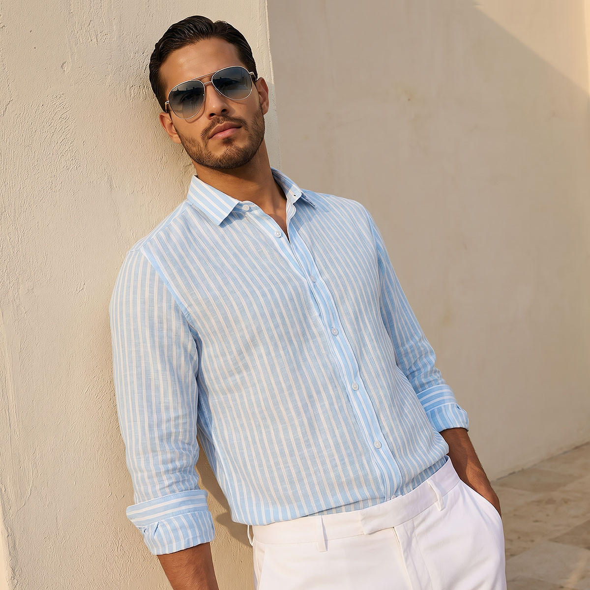 Men Slim Fit Collared Striped Long Sleeve Shirt-men-clothing-shirts-image-1