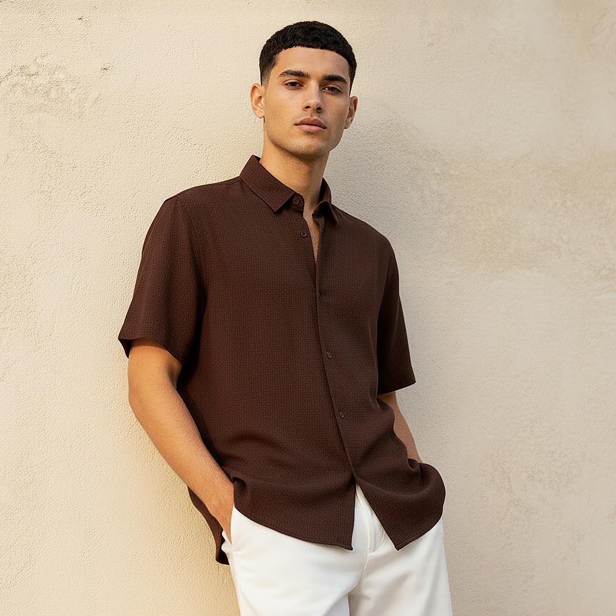 Men Regular Fit Collared Textured Short Sleeves Shirt-men-clothing-shirts-image-1