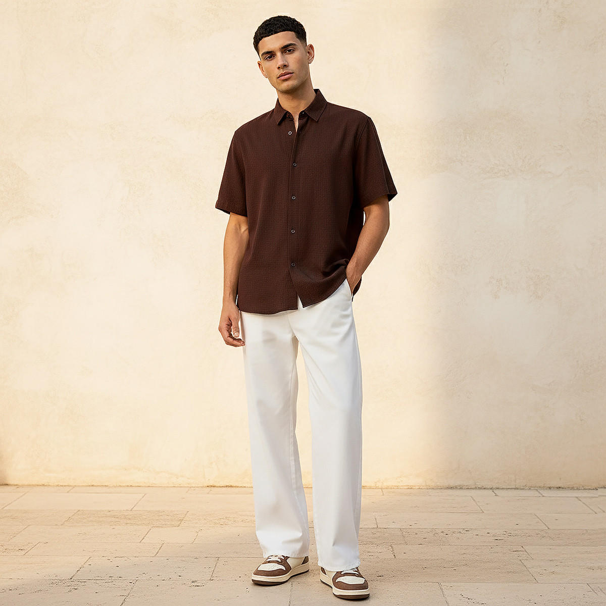 Men Regular Fit Collared Textured Short Sleeves Shirt-men-clothing-shirts-image-3