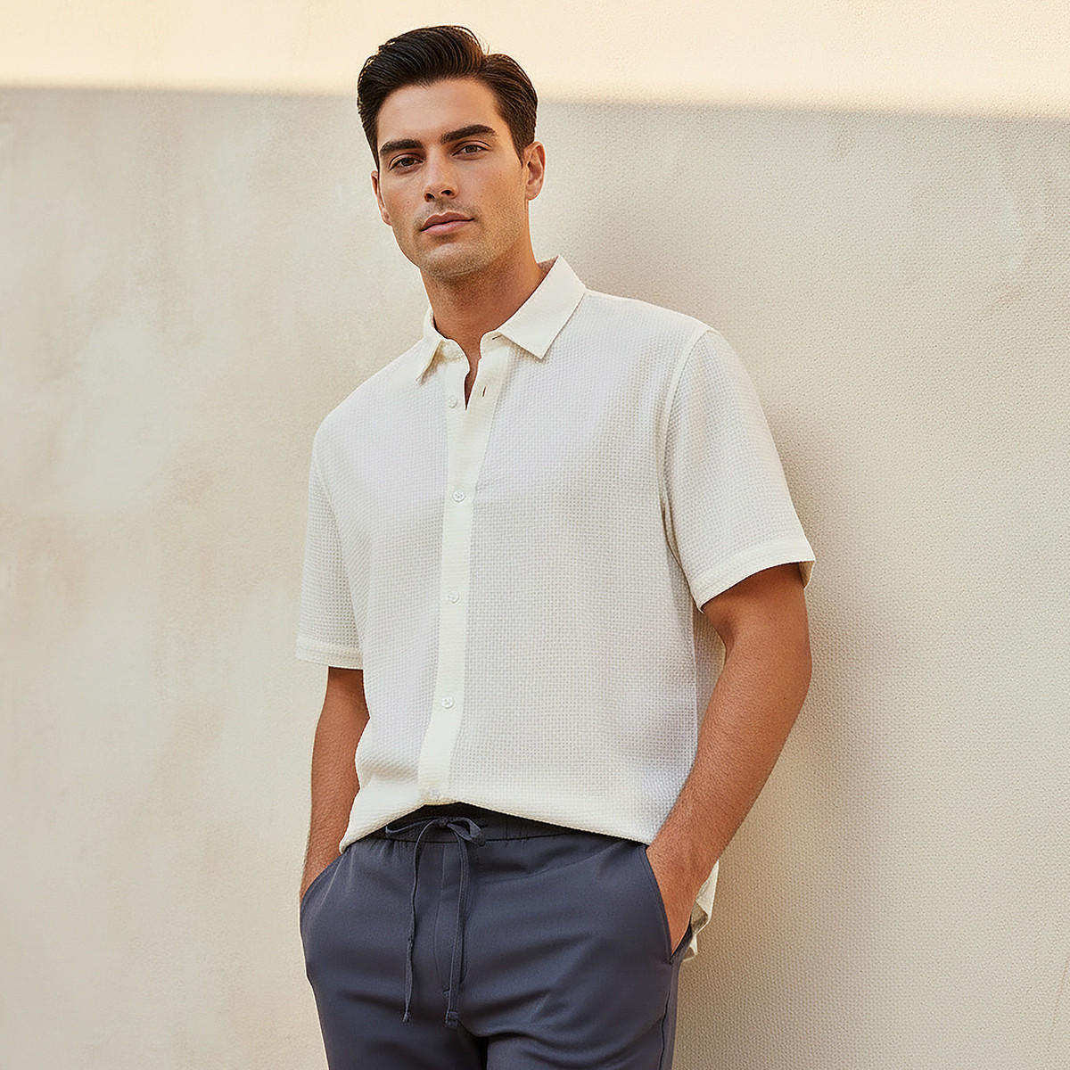 Men Regular Fit Collared Textured Short Sleeves Shirt-men-clothing-shirts-image-1